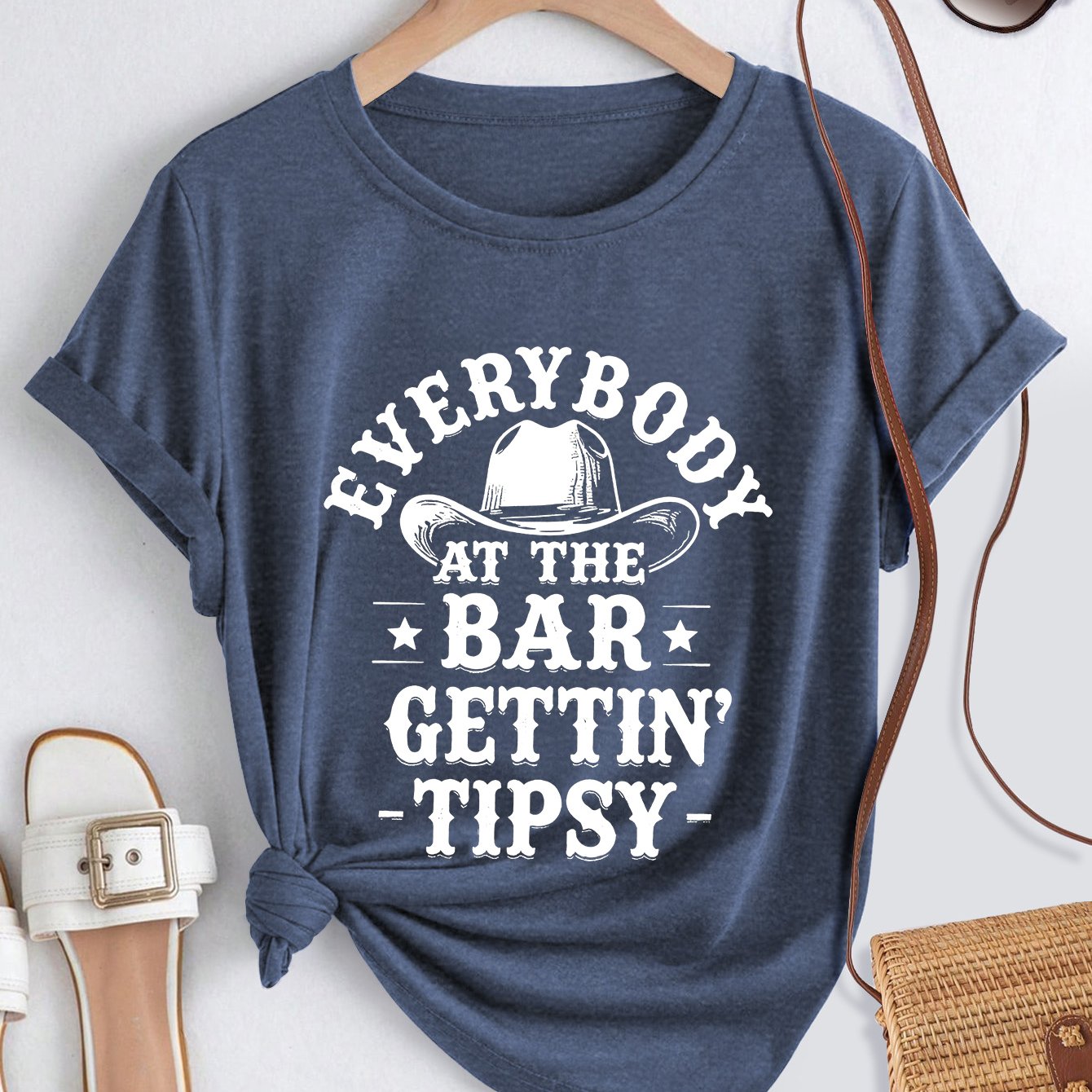 TEMU Elegant Women's Short-sleeve Vintage Style " At Gettin' " Western Cowboy Text Print Top, Breathable And Comfortable Fabric, Women's Summer Top