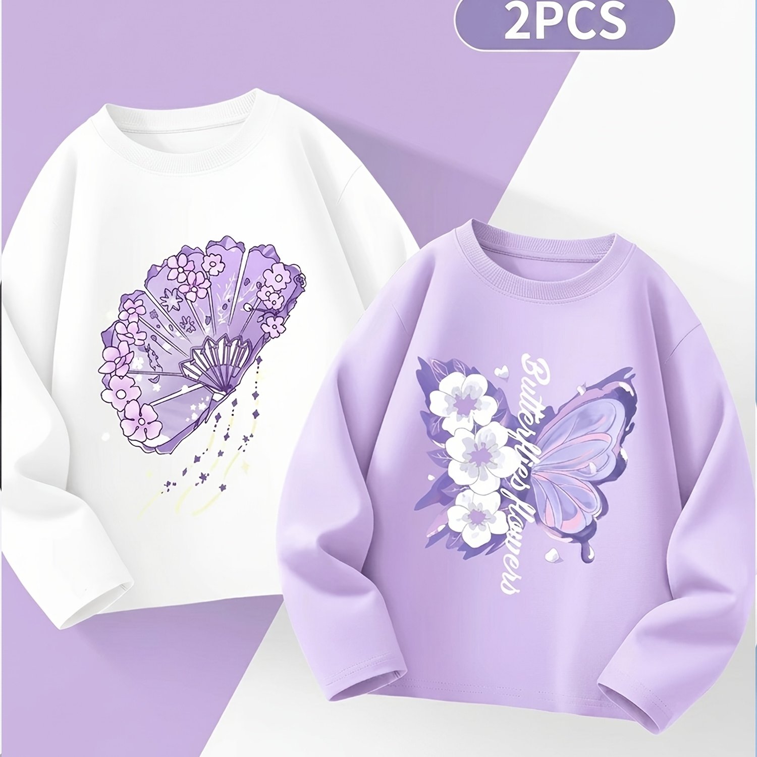 TEMU 2pcs Set, Girls' Pure Long-sleeve Top, Medium To Large Kids' Autumn Outfit, Party Wear, Durable And Wear-resistant, Perfect As A Gift, Soft, ,