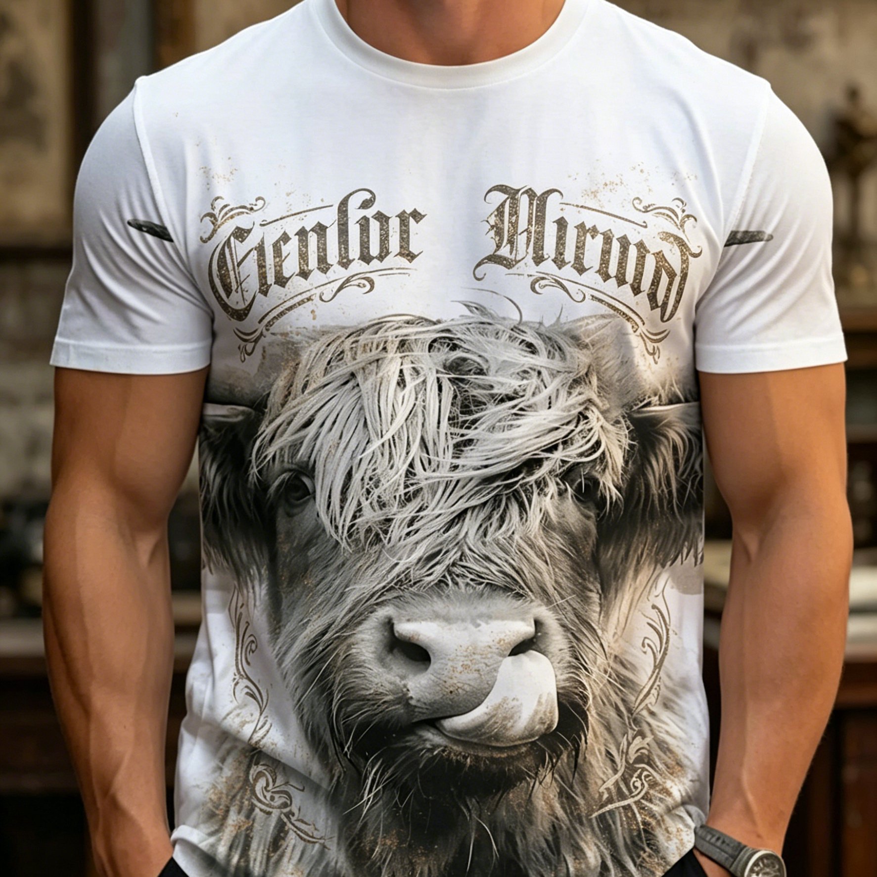 TEMU Vintage Highland Cow Gothic Font Print Style, Plus Size