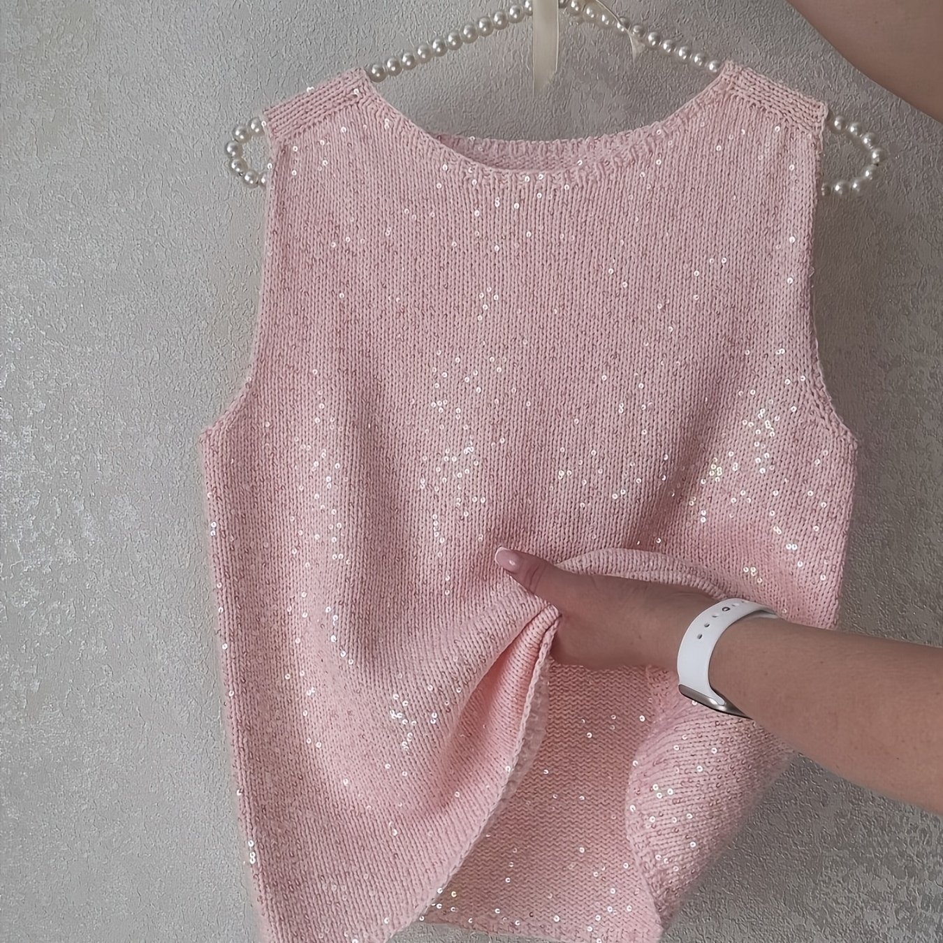 E-shop Ärmellose Pullover-Weste mit Kirschblüten-Rosa glitzernden Pailletten, lockere schillernde Pullover-Weste mit Rundhalsausschnitt, süßer