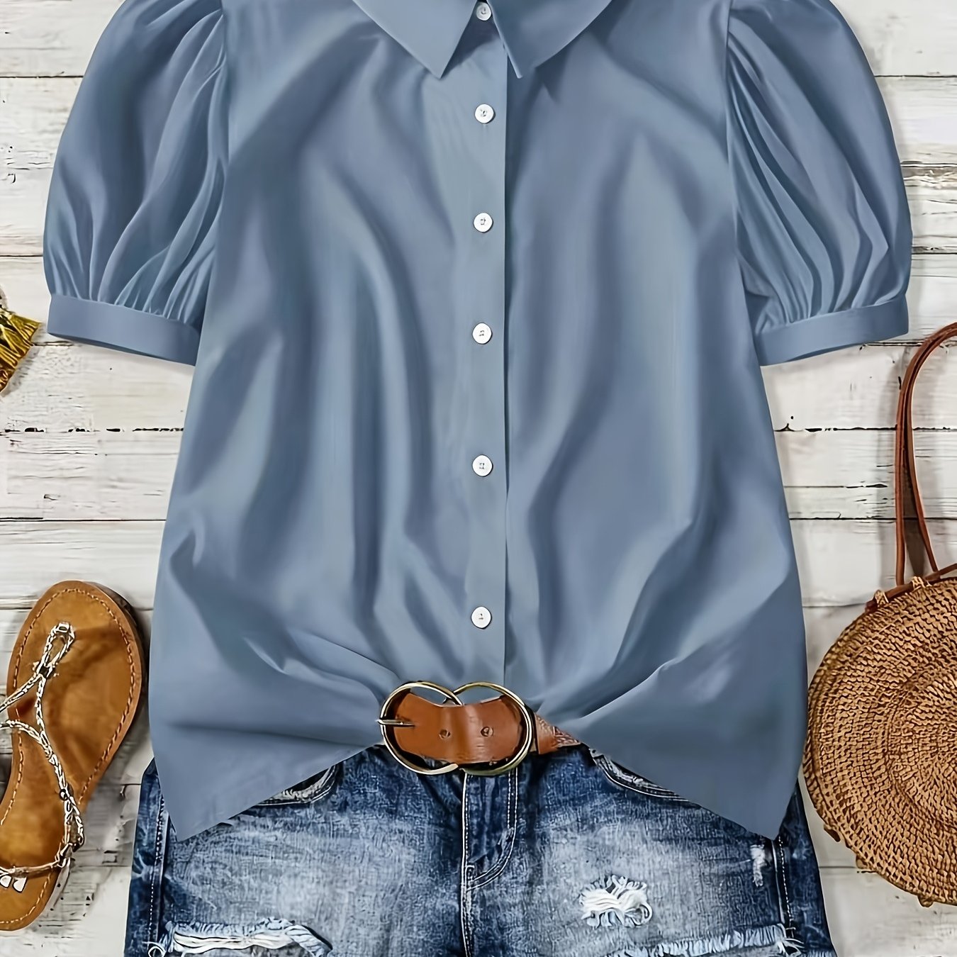 TEMU 2026 Spring Summer Women's Elegant Fashion Solid Color Lapel Short Sleeve Blouse Top
