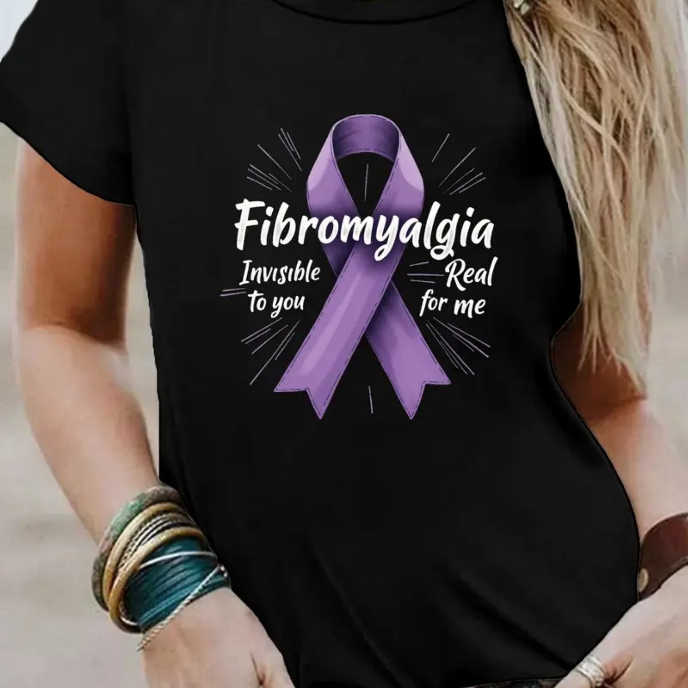 TEMU Women's Fibromyalgia Awareness T-shirt - "fibromyalgia Invisible To You Real For Me" Slogan & Purple Ribbon Design, Soft Stretchy Relaxed Fit
