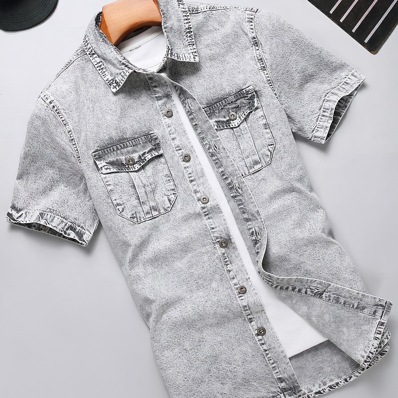 Men's Fashion Versatile Summer Non-stretch Denim Short Sleeve Shirt Jacket In Snowflake + Regular Wash Soft