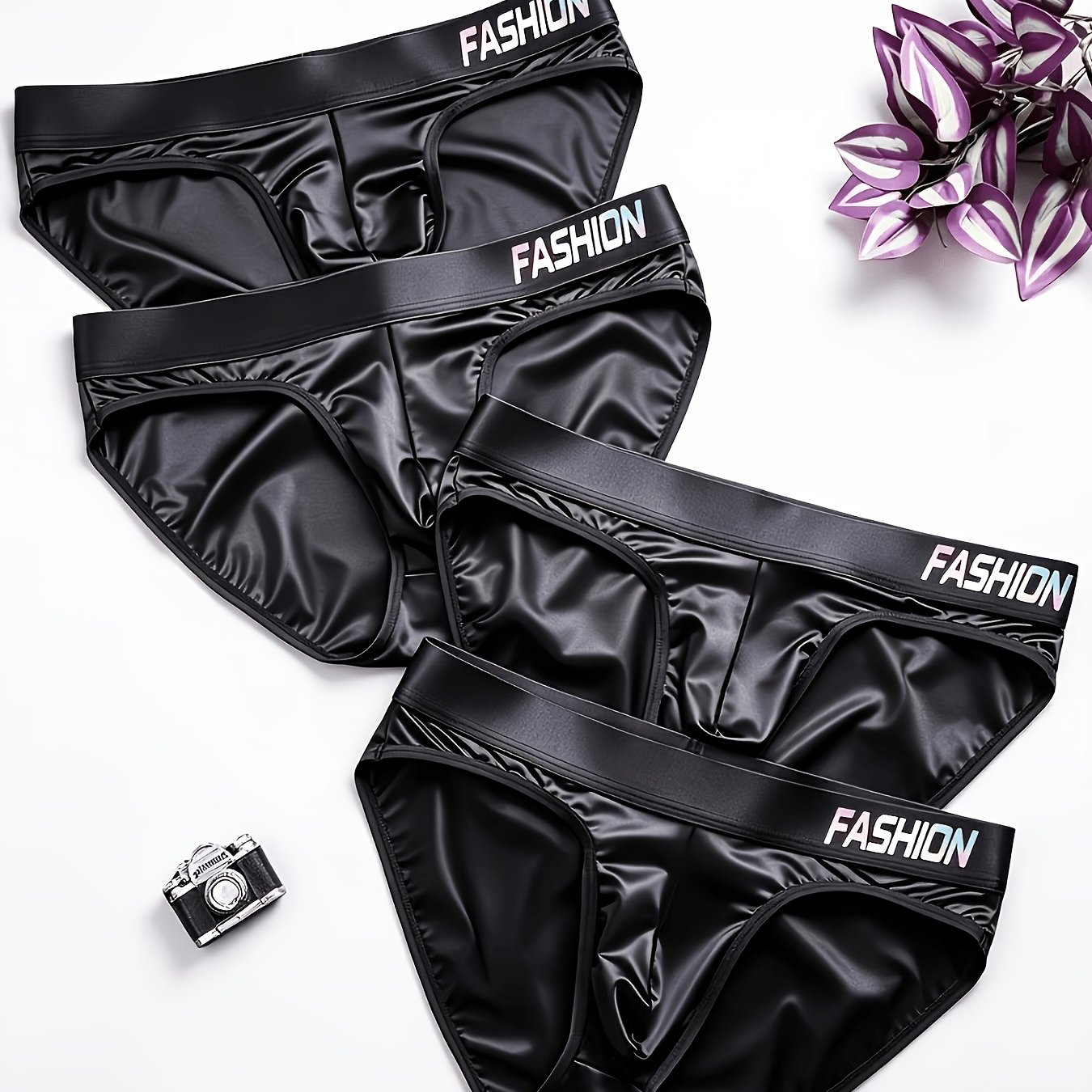 Image of 4-pack Men' Black Briefs Reflective Skin-friendly Fabric Colorful Laser Logo Trendy Fashion Underwear