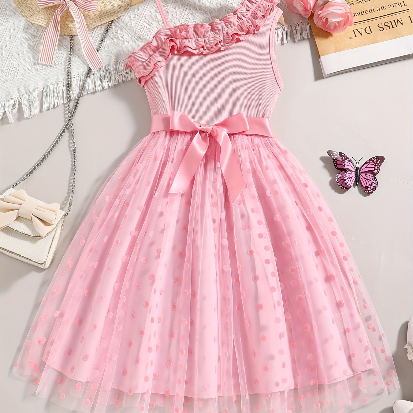 Image of Girls' Summer Lace Cami Dress Knit Top Mesh Polka Dot Dress Cute Dress