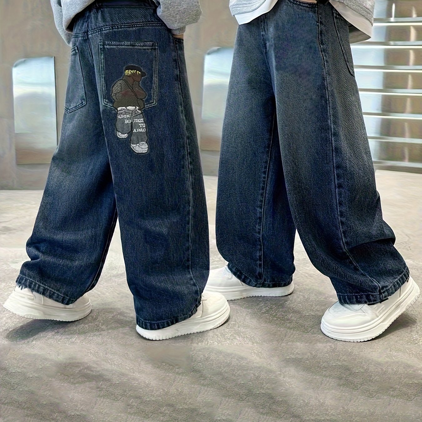 Image of Boys' Elastic Waistband Jeans With Real Pockets, Loose Straight-, Stylish And Casual, Suitable For Outdoor Wear