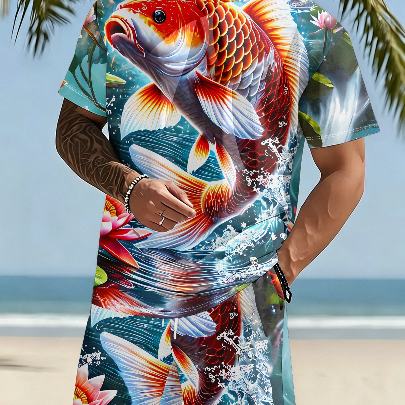 TEMU Men's Casual T-shirt And Shorts Set, Leaping In Lotus Pond, Red Lotus Green Duckweed, Fish Swimming, Dynamic , Summer Clothing, Comfortable