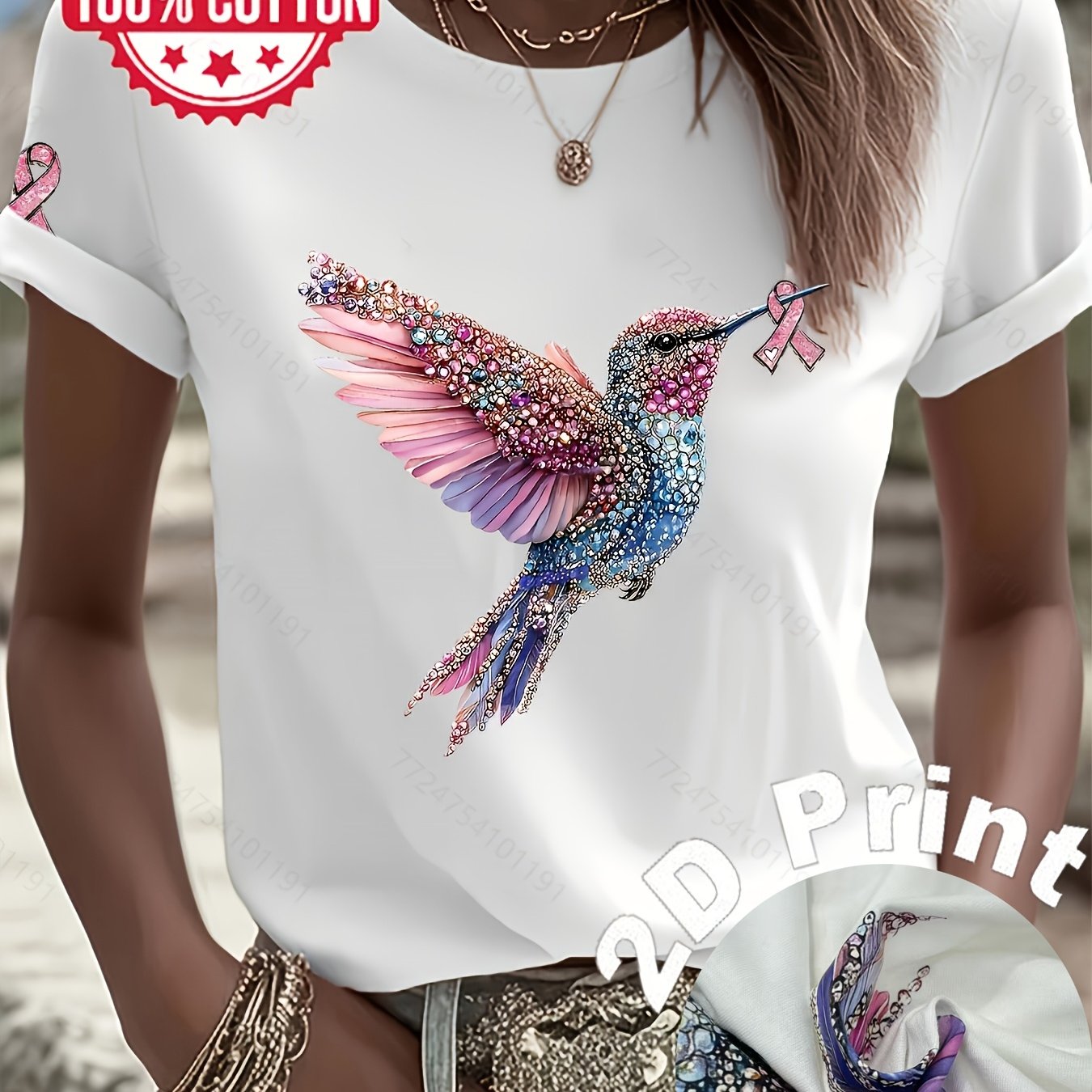 Image of 2d Flat Print Women's Pure T-shirt-soft Daily Casual Top-machine Washable Crew Neck Shirt, Suitable For Daily And Formal Occasions, Versatile Clothing, Comfortable Fabric, Short Sleeve T-shirt