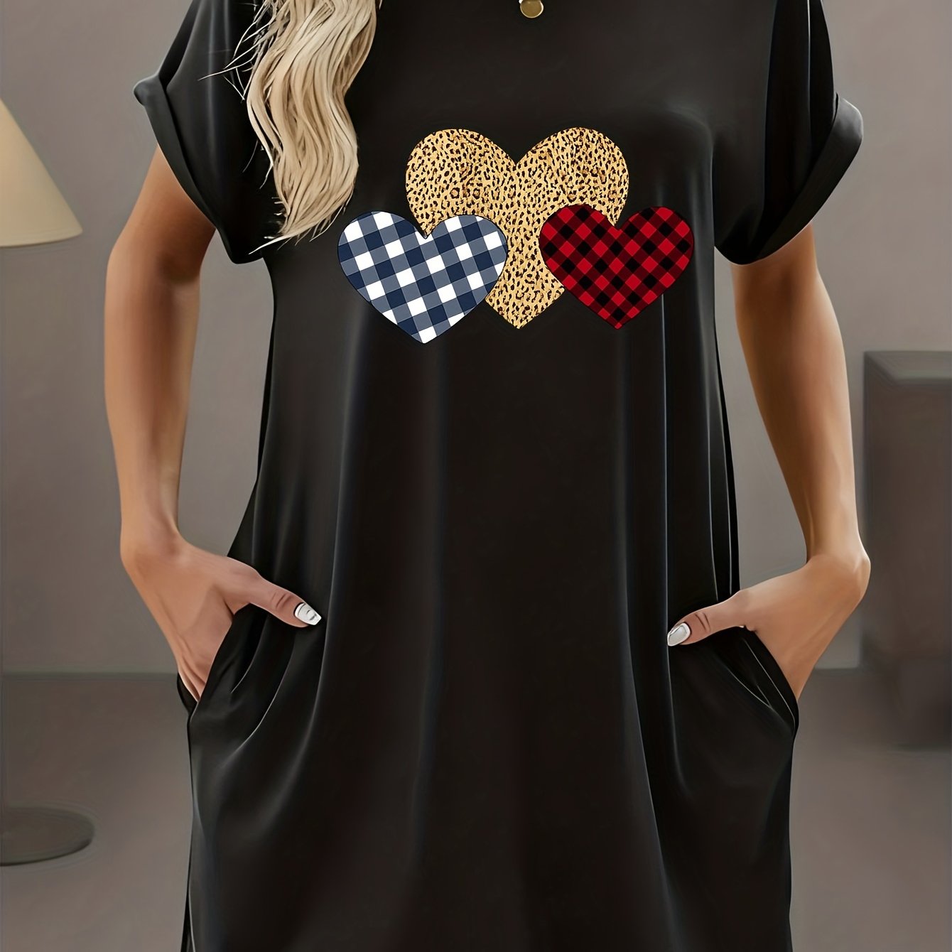 TEMU Casual Batwing Sleeve Dress For Women Featuring A With A Leopard Print In Black, Red, And White Plaid, Complete With Pockets