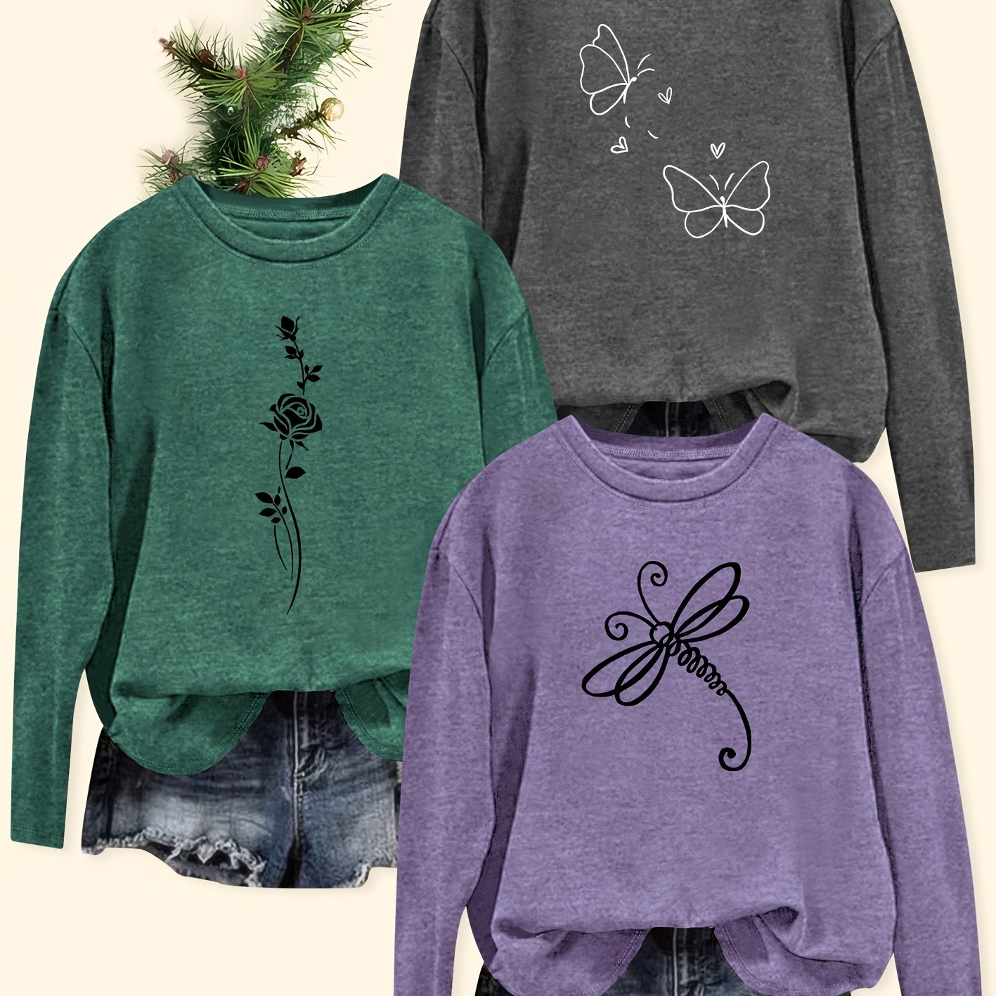 TEMU [3-pack] Fashionable Animal And Plant Series Rose Floral Print Round Neck Elegant Women's Long Sleeve T-shirt Spring Summer Autumn Daily