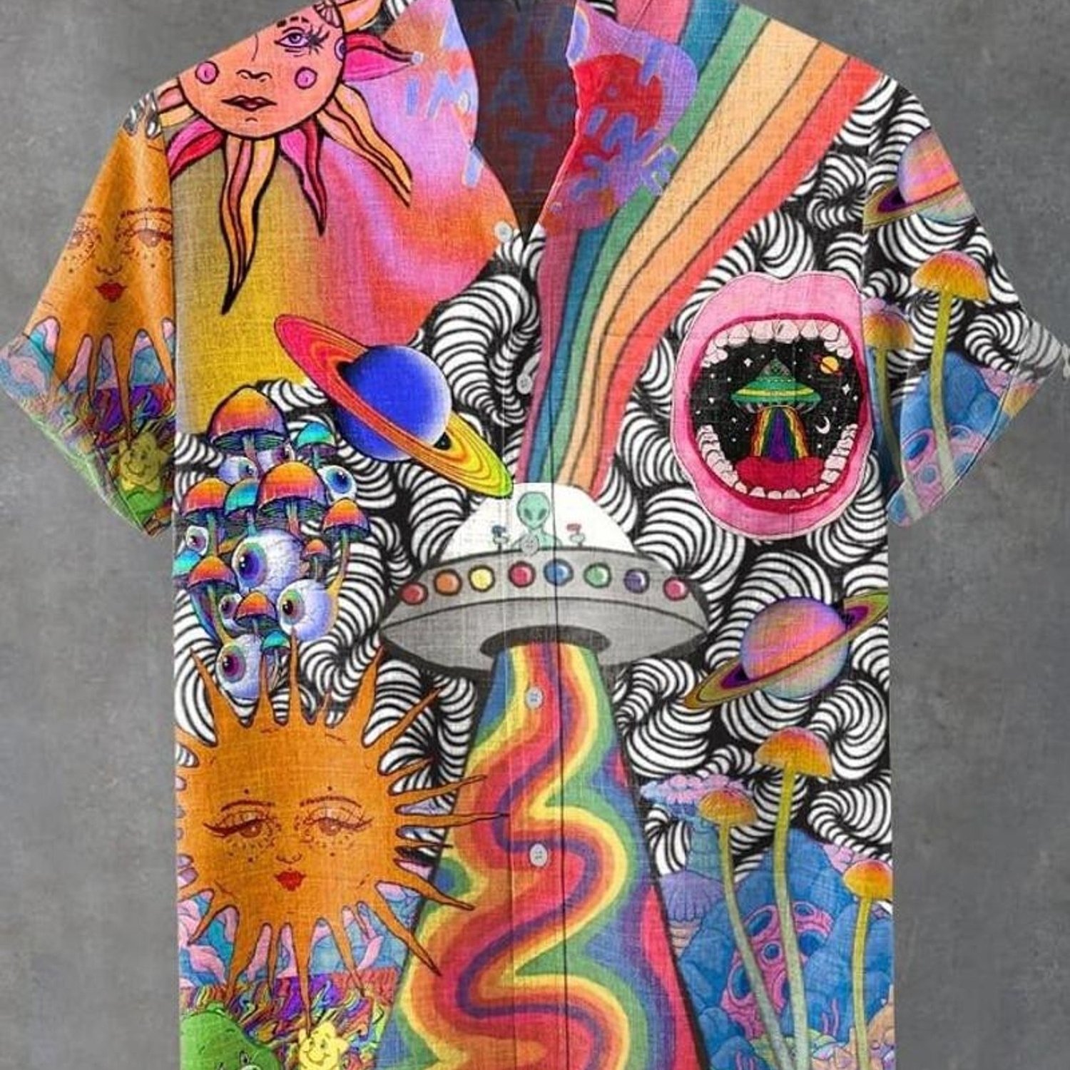 TEMU Men's Button- Short Sleeve Shirt, Psychedelic Print (suns, Ufo, Mushrooms), Mixed Color, Multiple Specifications , Polyester, Casual Daily Wear,
