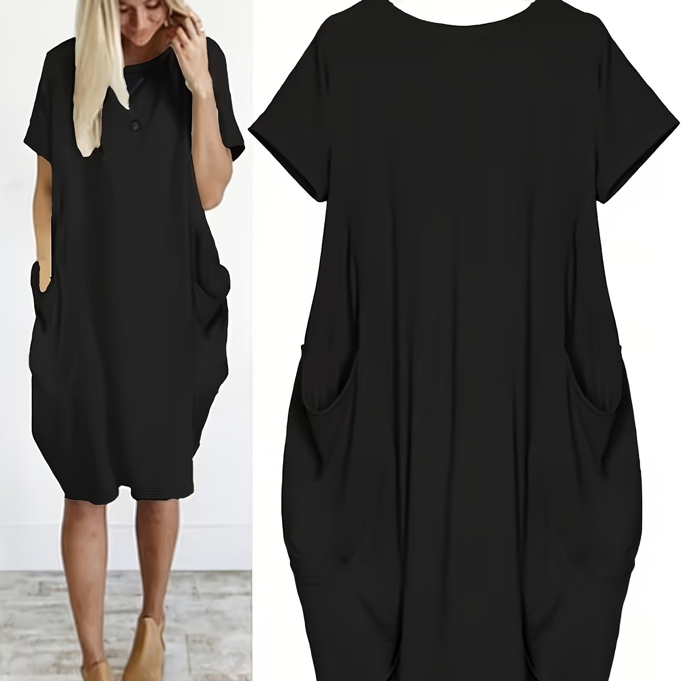TEMU Plus Size - Beautiful Women's Plus Size Round Neck Loose Short Sleeve Solid Color Dress With Pockets