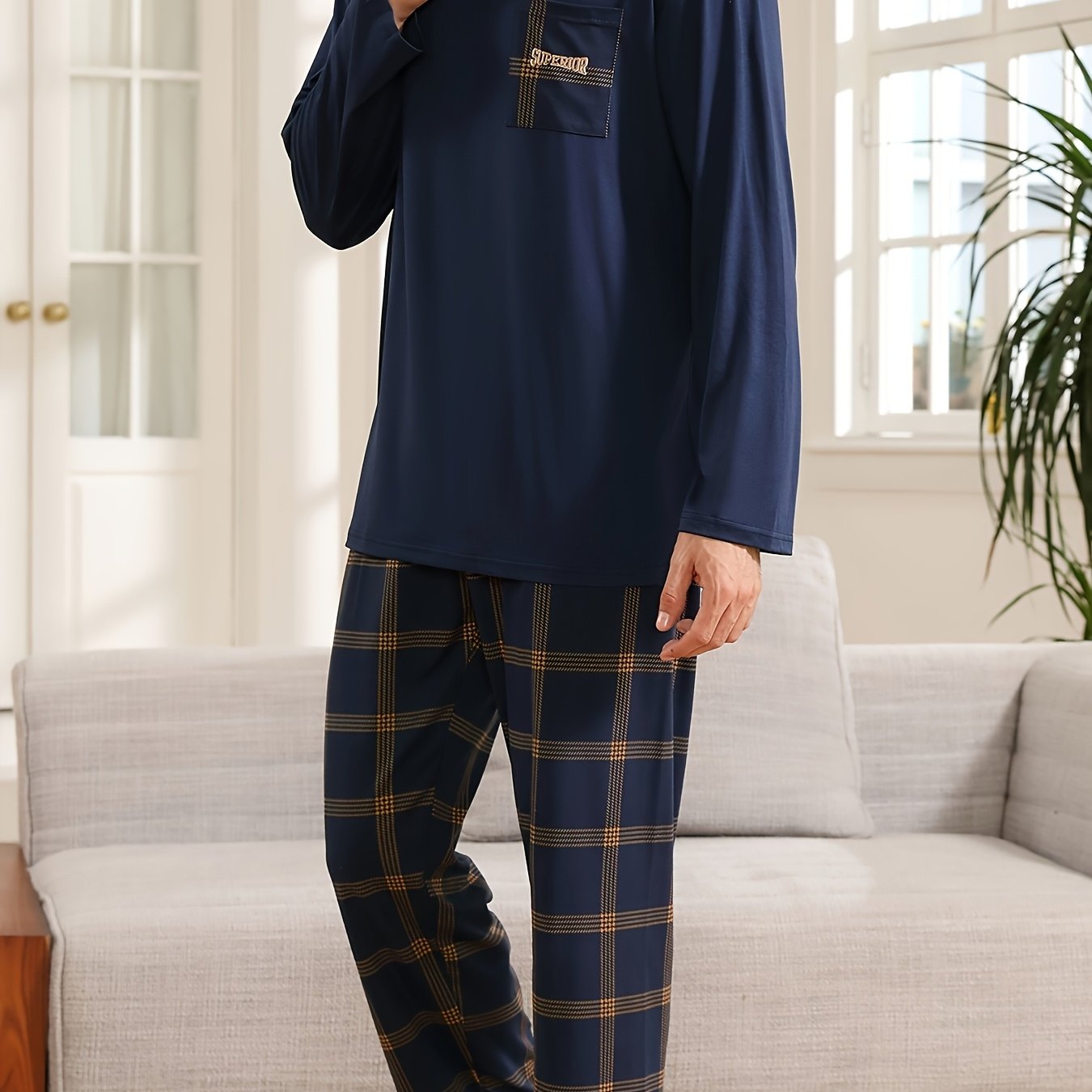 Image of Nian + 5.5% Comparison Nian Ma Pajamas Spring And Autumn Men's New Long Sleeve Worn Outside Home Clothes Simple Casual Large Size Suit