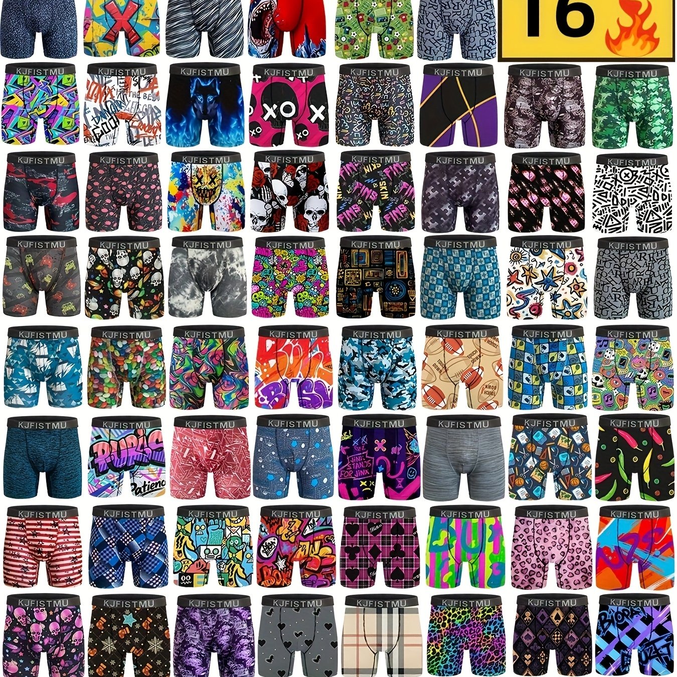 TEMU 16-pack Men's Graffiti Letter Stripe Print Boxer Briefs Random Style, Waistband, Suitable For Outdoor Sports, Leisure, Cycling & Swimming,
