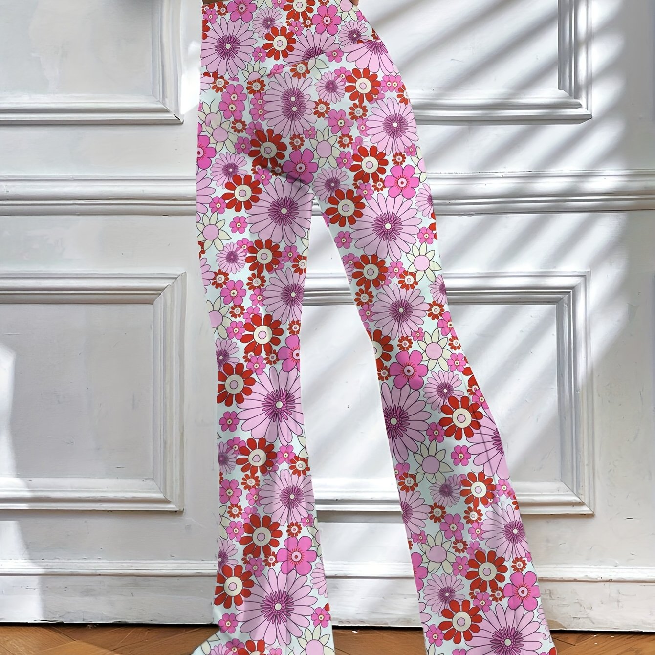 Image of Floral Print Slim-fit Stretch High-waist Flare Pants, Women's Taboo Pants, Women's Clothing