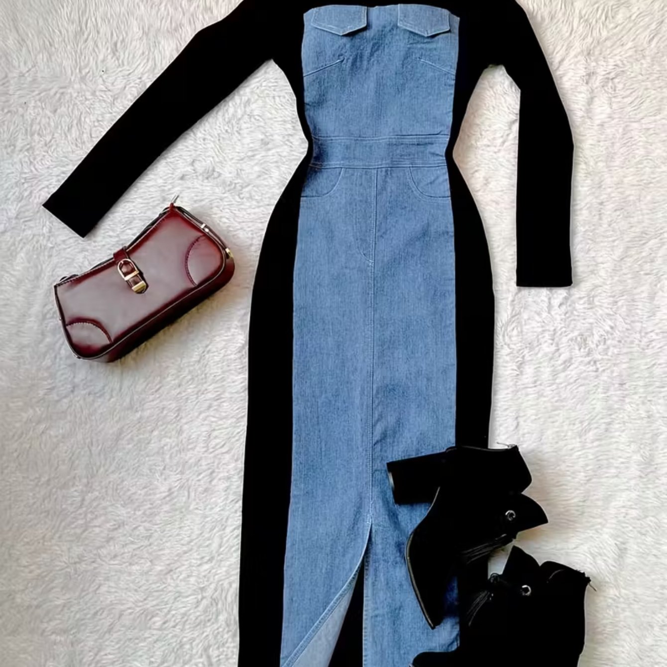 Women' Bodycon Dress Suitable For - Elegant Split Hem Dress With Color, Round Neck Long Sleeve Slit Dress For Office,, Streetwear - Hand Washable Non- Dress