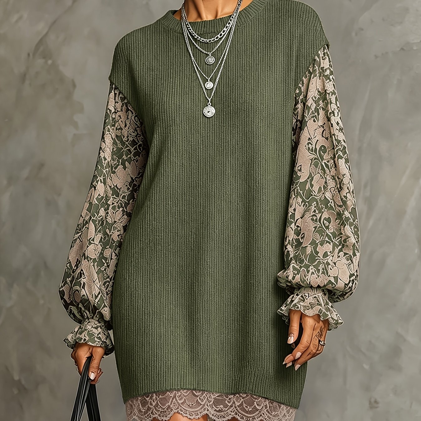 TEMU Robe d'automne-hiver grande taille pour femmes, style rétro européen , patchwork floral, manches lanternes, ourlet irrégulier avec motif en