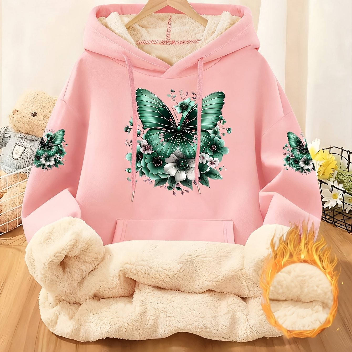 TEMU Women's Autumn And Winter Trendy Fashionable Crew Neck Sweatshirt With Fresh Elegant Style Green And Floral Print, Casual, Comfortable, Warm,