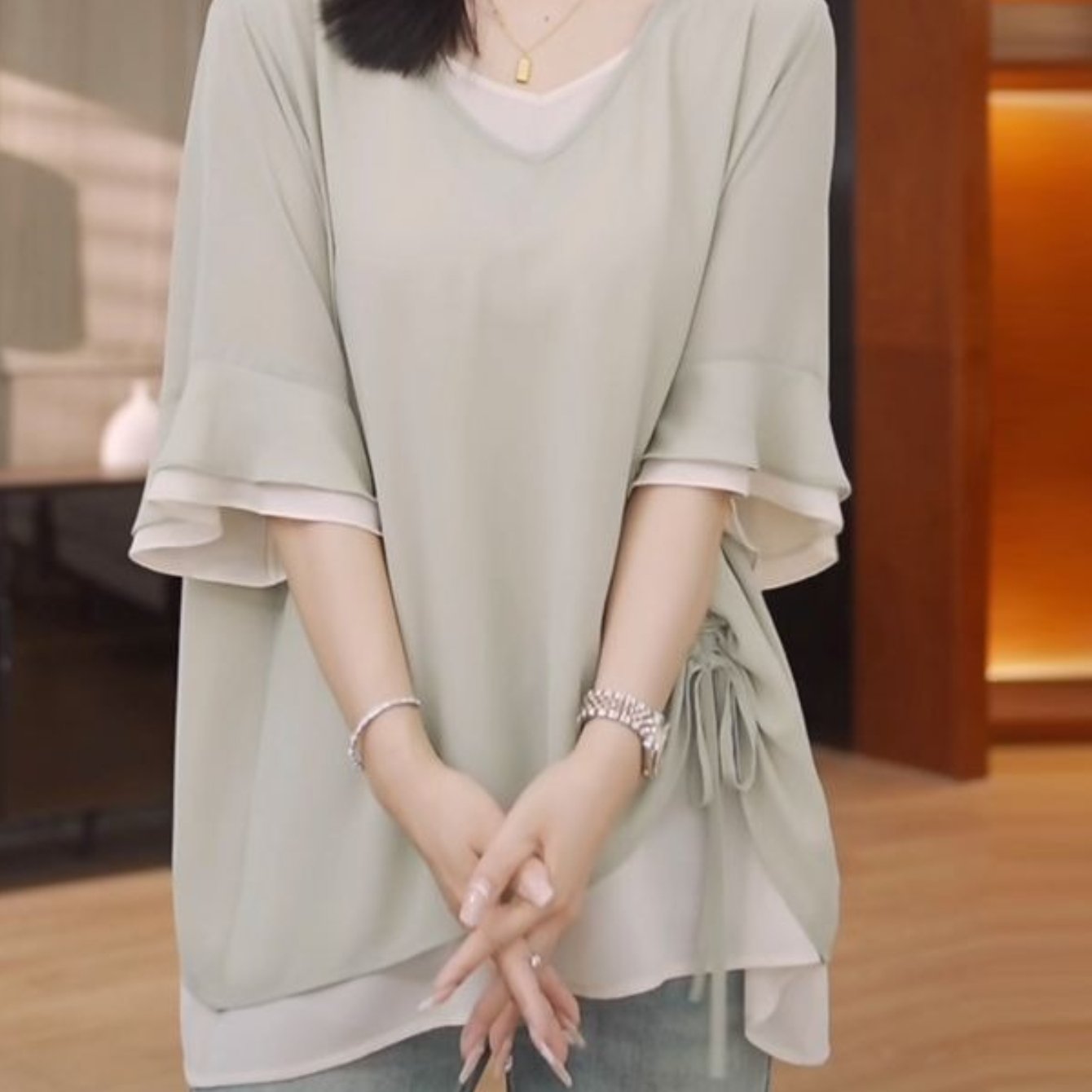 TEMU 【大きいサイズ】七分袖ブラウス、ゆったりで通気性抜群、普段使い、通勤、自宅でのス、カジュアルなデート、春/夏のブラウスに最適な、スできついスタイル。プラスサイズブラウス