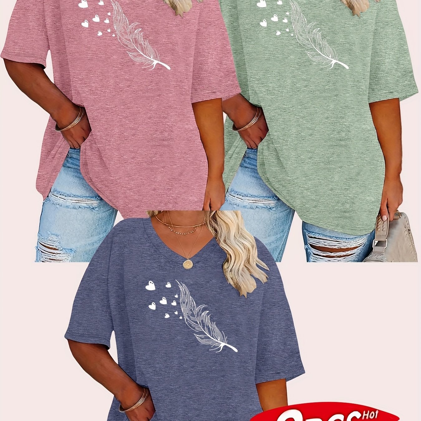 TEMU Plus Size, Versatile T-shirt 3pcs Set - Plus Size Women's Fashion Letter V-neck T-shirt 3pcs Set. The Fabric Is On The Skin, Made From A