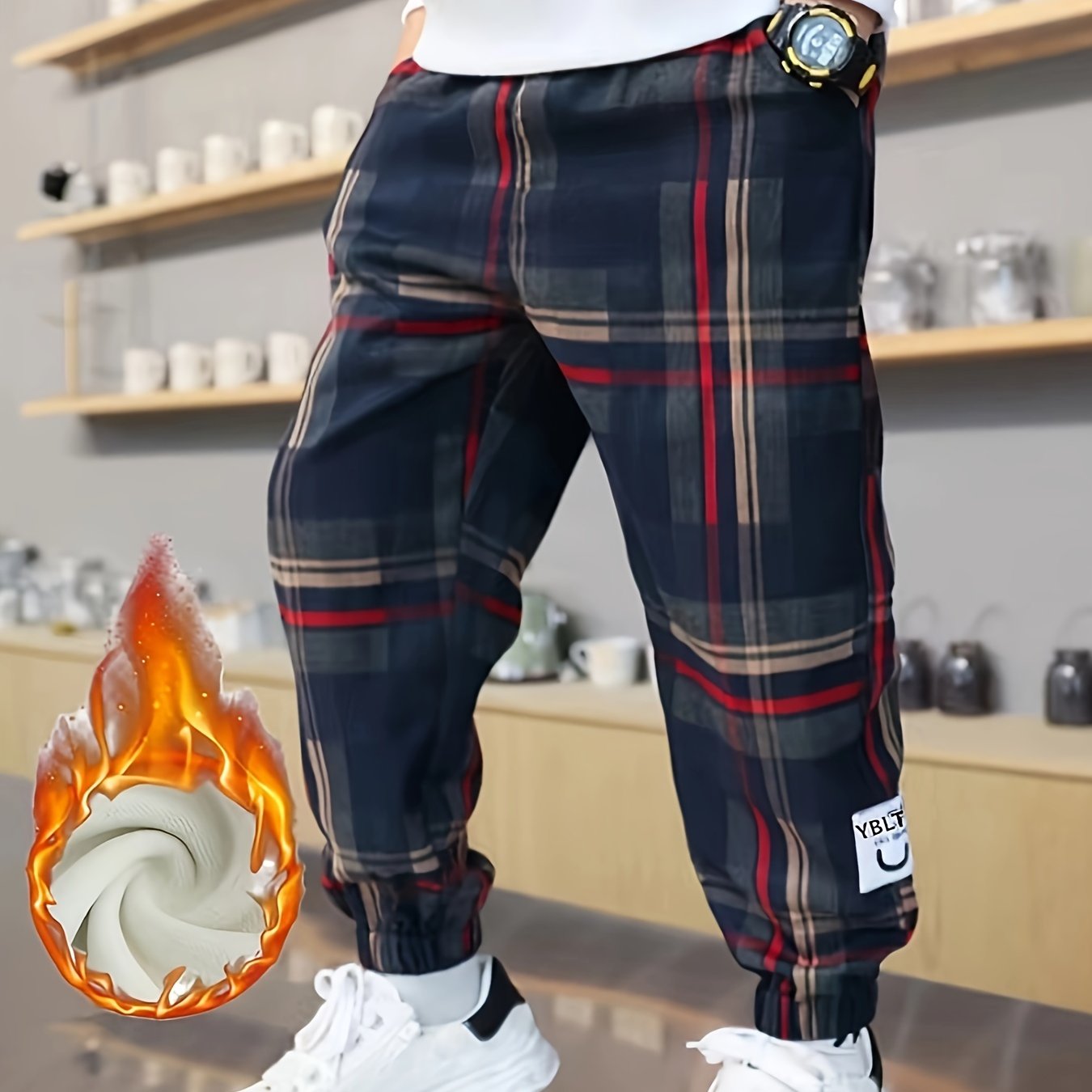 Image of Cozy Boys' Fleece-lined Joggers - Warm, Thick Polyester Casual Pants With Elastic Waist & Cuffs, Pockets Included For Winter , Jogging Pants, Outdoor