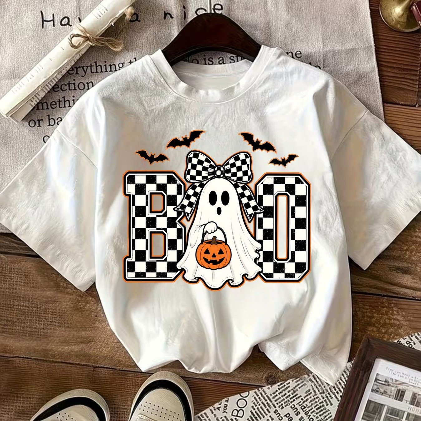 TEMU Children' S Casual Short Sleeve T-shirt White Halloween Boo Checkered Bow Bat Pumpkin Print Top For Party Festival Streetwear
