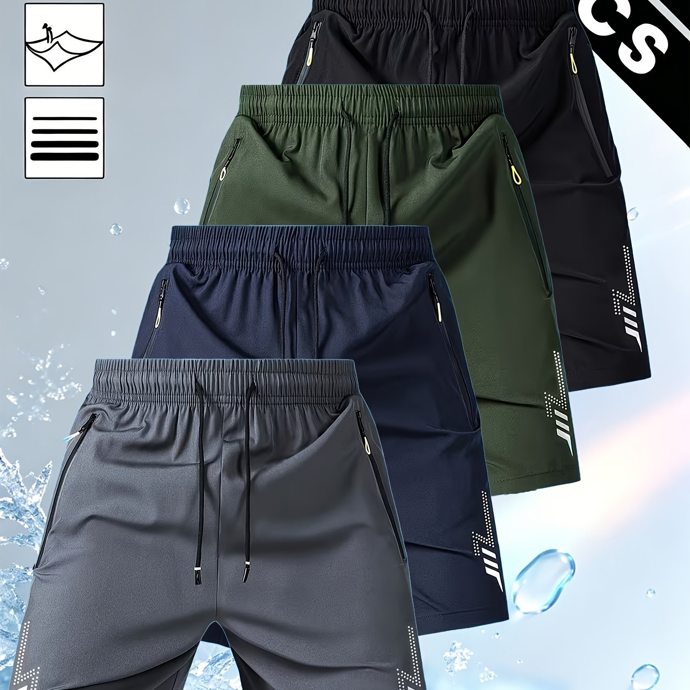 TEMU 4pcs Men' Breathable Athletic Shorts, With Stretch, Dual-side Lightning Print, Drawstring Waist With Side Zipper Design, Ideal For Summer Wear,