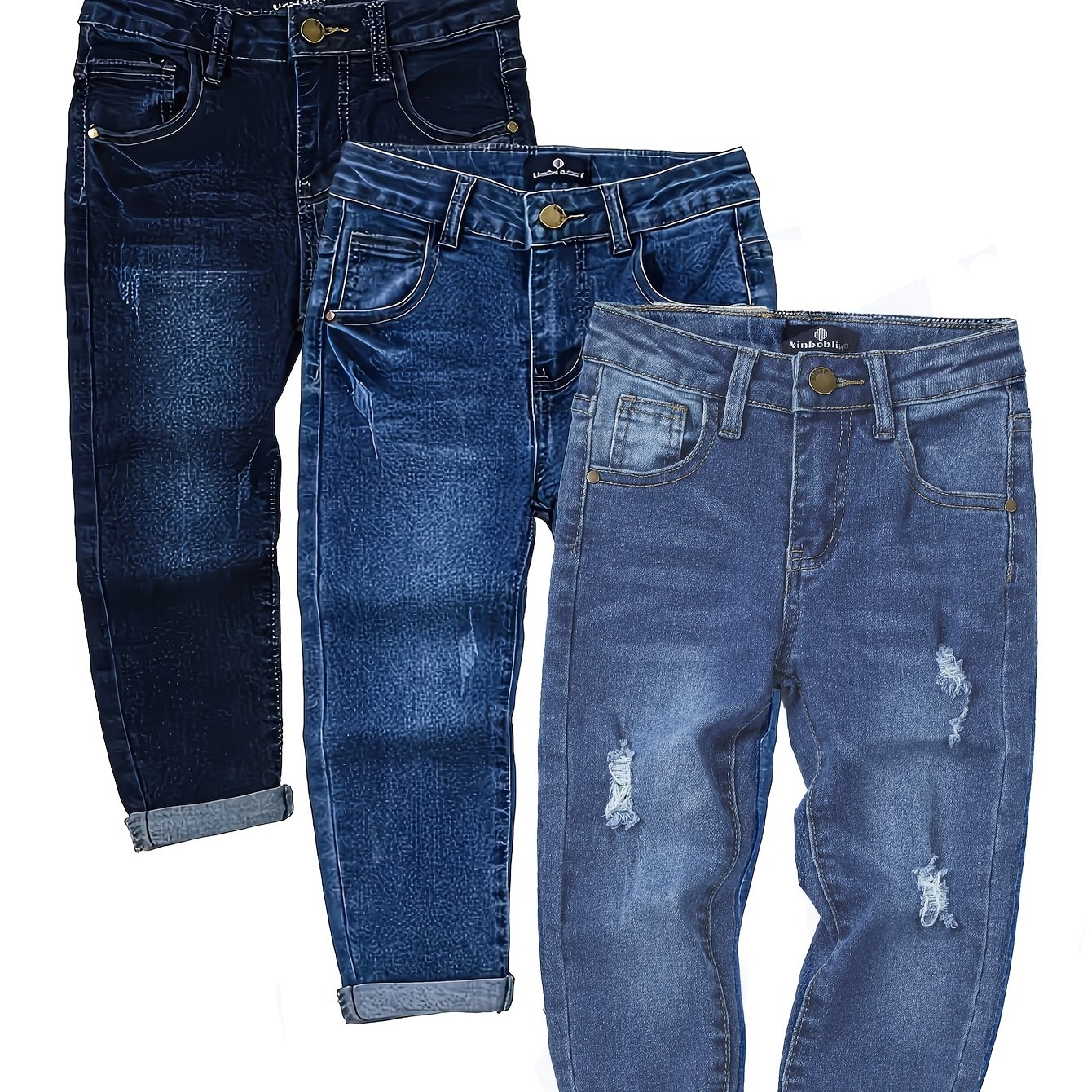 Image of 3pcs Set Of Mid-weight Washed Jeans For Kids, Distressed Brushed Denim Long Pants, Cotton With Pockets, Versatile For Casual , Stretchy And Comfortable, Suitable For , Autumn Essentials
