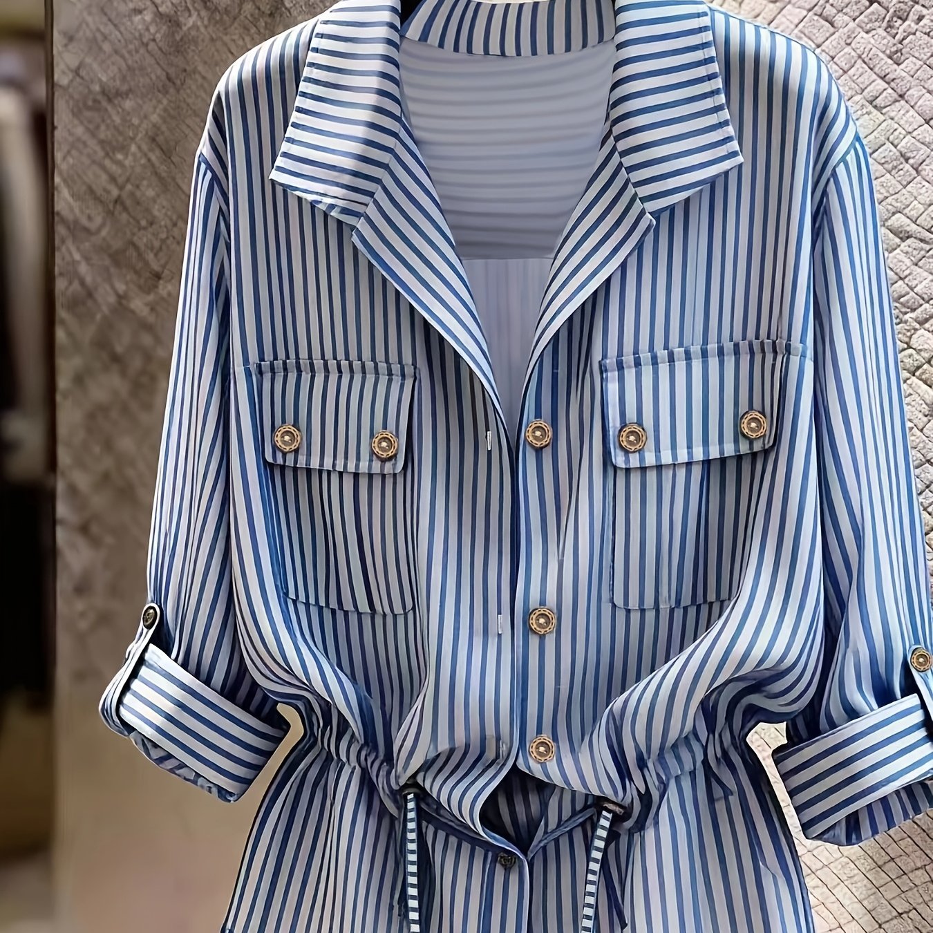 TEMU Women Vertical Stripe Lapel Collar Button Shirt, Drawstring Waist Pocket Long Sleeve Casual Work Blouse