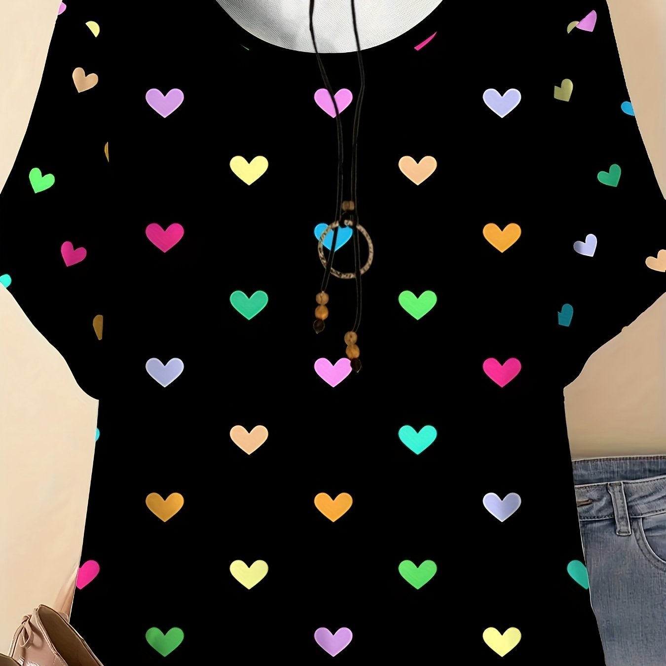 TEMU Plus Size Damen Oversized T-Shirt mit Ganzkörper-Herzprint – Kurzarm Rundhals Sommertop -Size-freundlichem Stretchstoff, Casual Alltagskleidung,