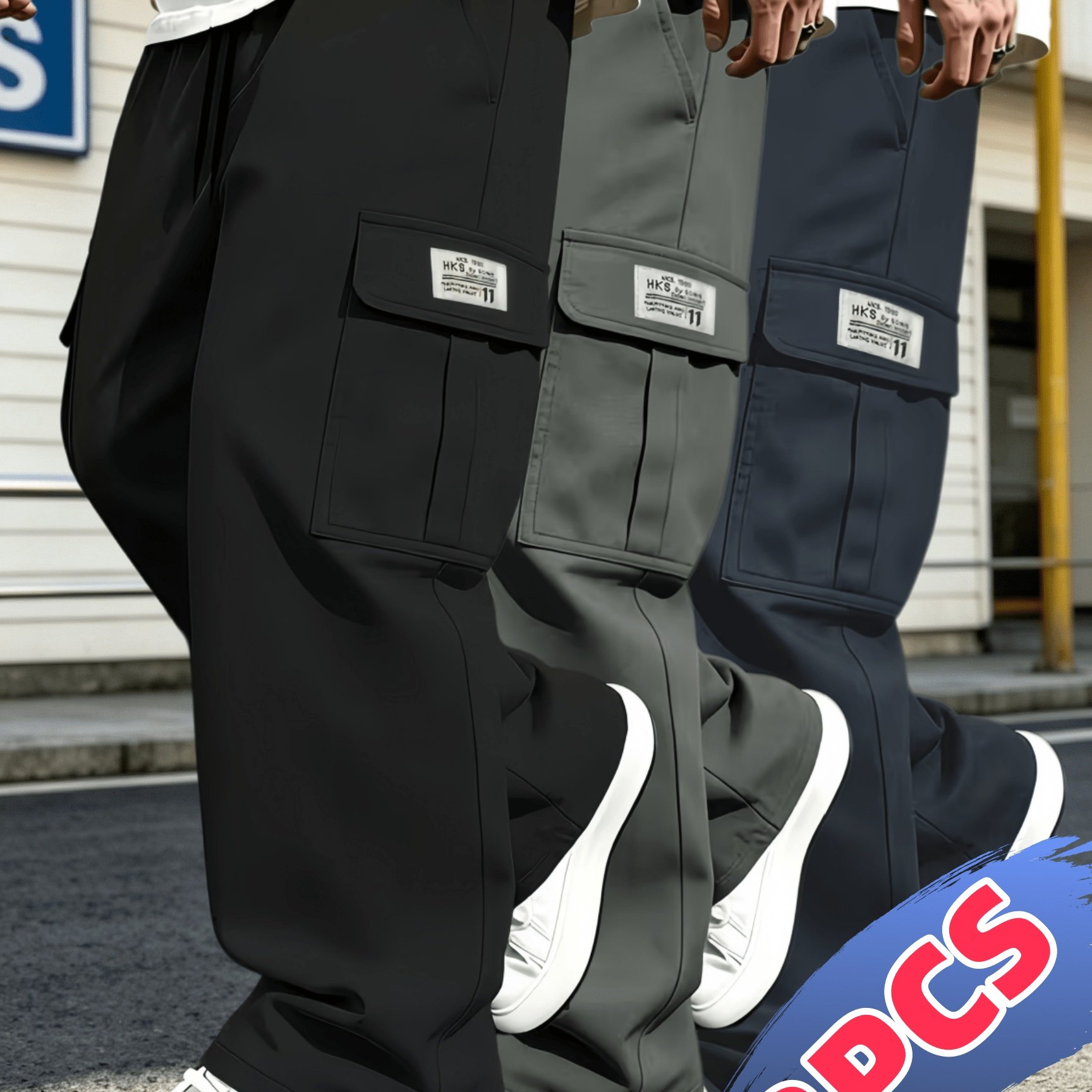 TEMU 3pcs Men's Trendy Cargo Pants, Casual Work Pants, Lightweight And Breathable, For Outdoor Leisure, Multi-, Flap Pockets, Elastic Waistband With