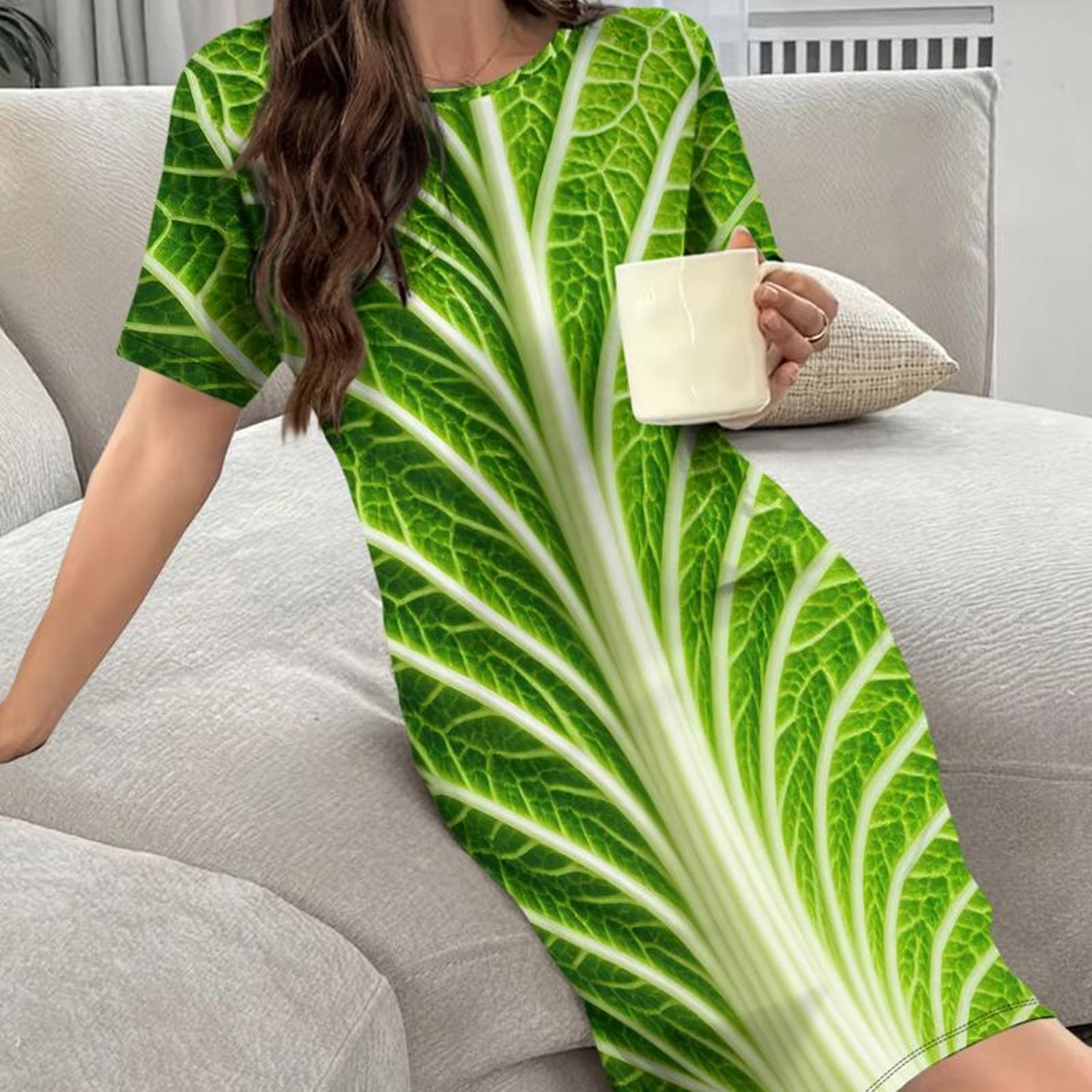 TEMU Women's Homewear, Green Cabbage Leaf Pattern, Material, Multiple Sizes Available, Suitable For Lounge Wear, Stylish And Comfortable, Relaxing At