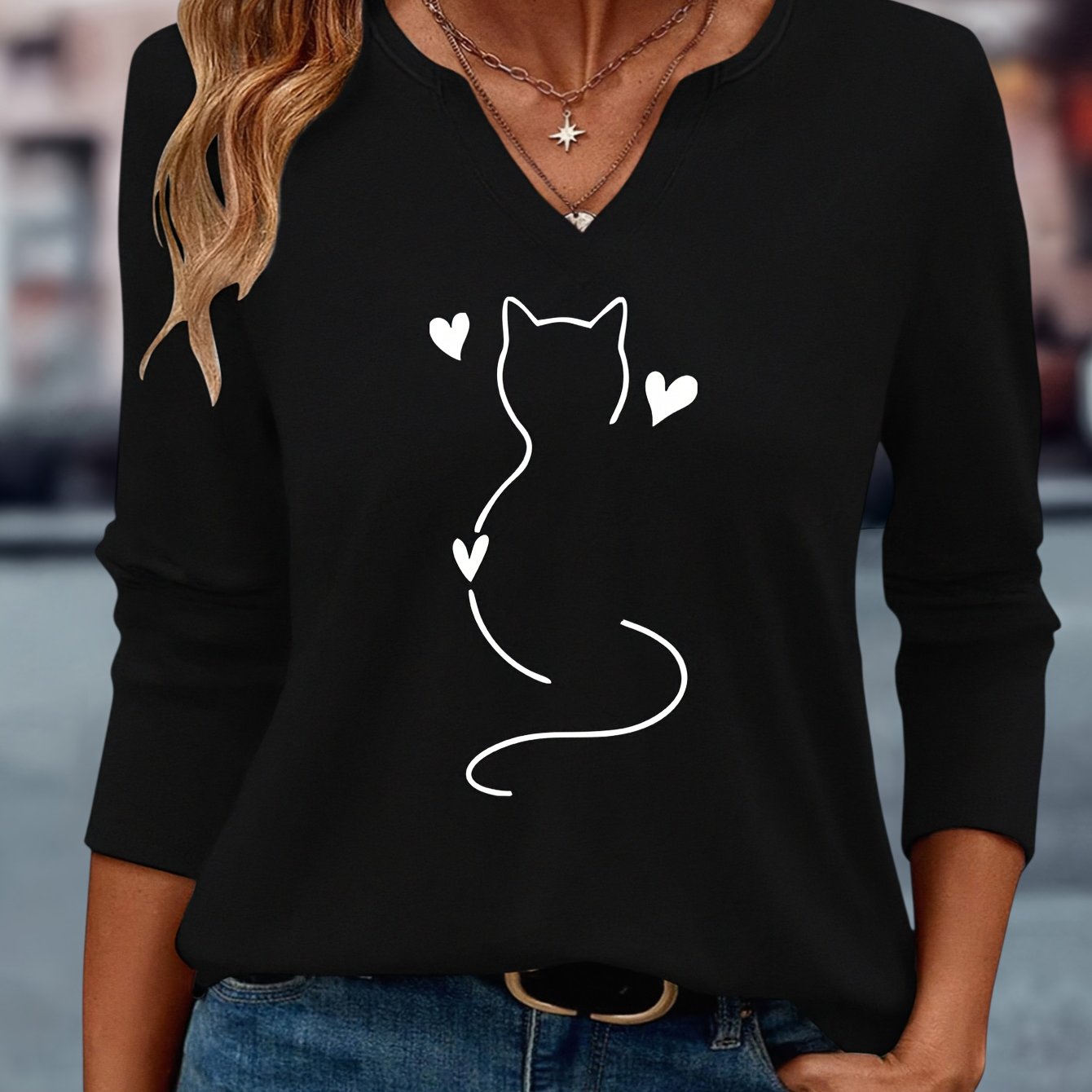 TEMU Maglia da donna /inverno con stampa a motivo gatto e cuore, scollo a V, a tre , versatile, , casual, per uso