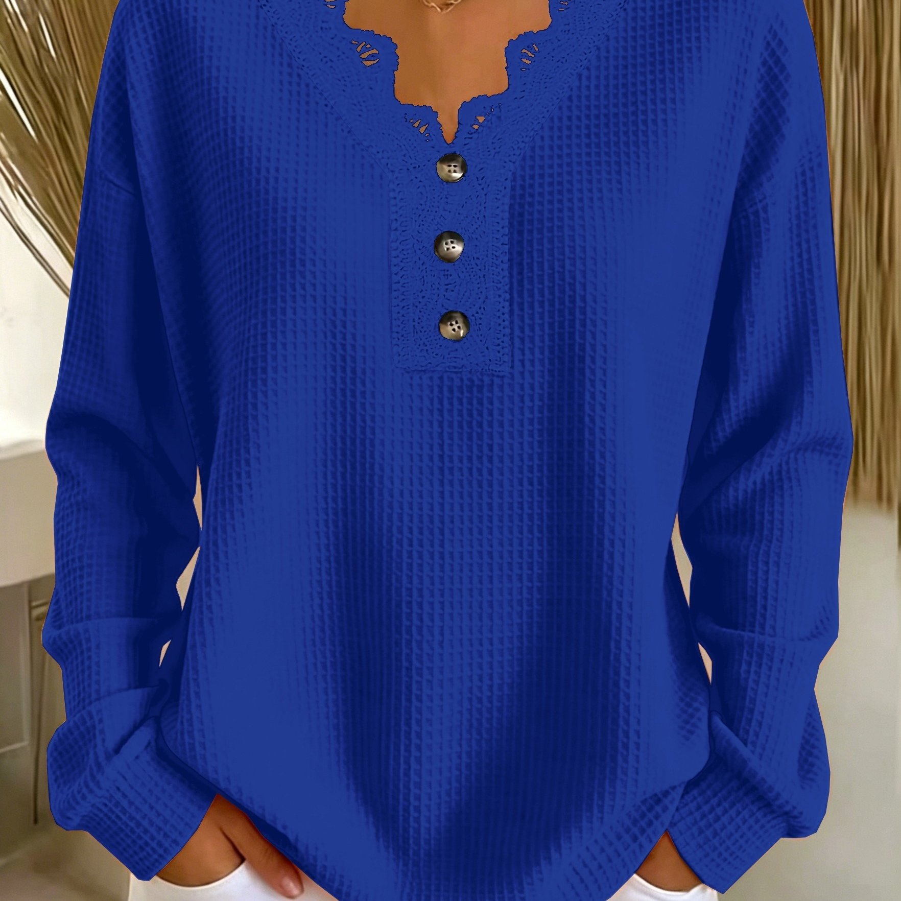 TEMU Plus Size, Autumn/winter New Arrival, Extended Style: Women's Plus Size Fashionable Solid Color Waffle Texture With Lace And Button Decoration