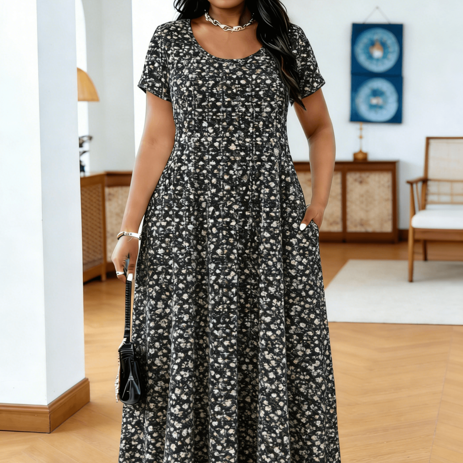 Image of Plus Size - Plus Size - Maxi Dress For Plus-size Women Featuring A Casual Crew Neck And Short Sleeves, Designed With A Loose Fit And With A Vintage Floral Pattern. This Retro Boho Use, Vacations