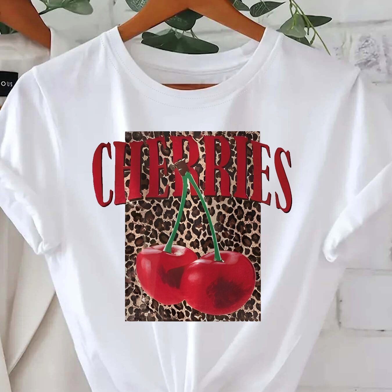TEMU Women's Casual Short Sleeve T-shirt - Black Cherries Graphic Print With Leopard Spot & Red Cherries, Relaxed Fit Round Neck, Machine Washable ,