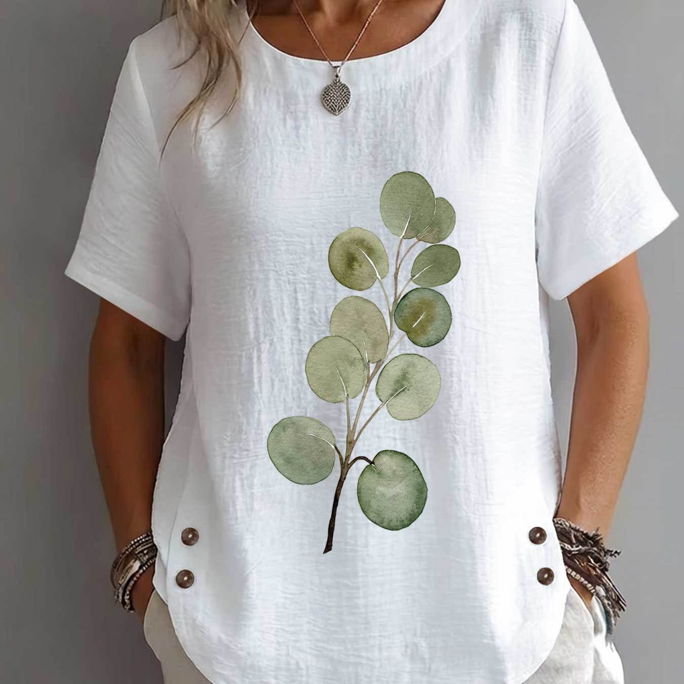 TEMU /summer Women's Top, Vintage Style, Eucalyptus Leaf And Branch Print, Mature Casual Round Neck Short Sleeve Elegant Women's Clothing