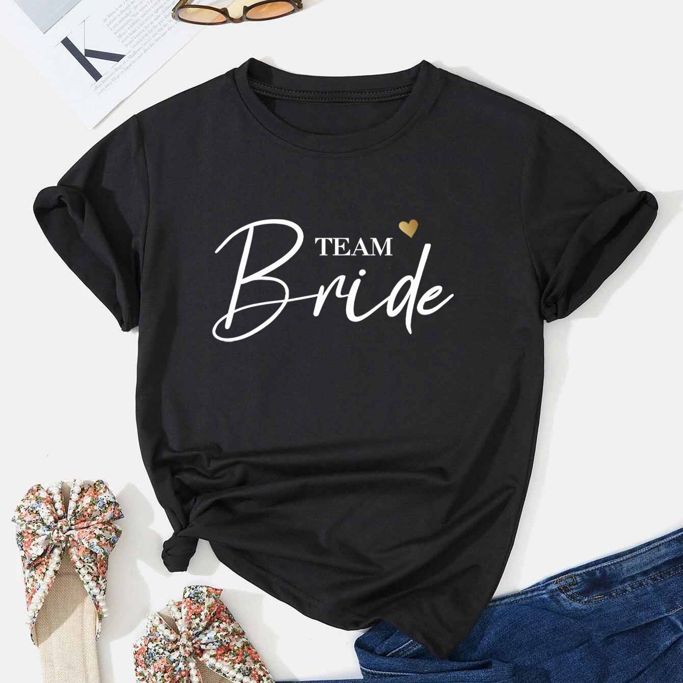 TEMU T-shirt Équipe Mariée | Impression de Lettres, Col Rond, Manches Courtes, Tissu, Multiples Couleurs, Haut Femme