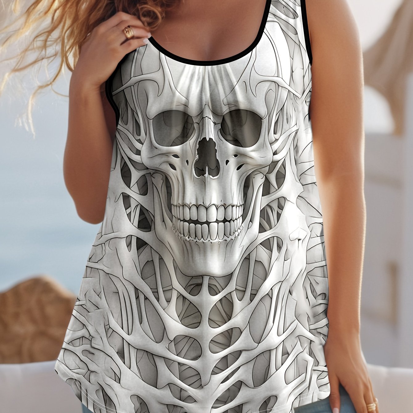 TEMU Plus Size - Women's Plus Size Stretchy Tank Top With Skull & Floral Print - Casual Sleeveless Summer Top, Breathable Polyester Blend, Machine Washable, Outdoor Beachwear, Beach Tank Top