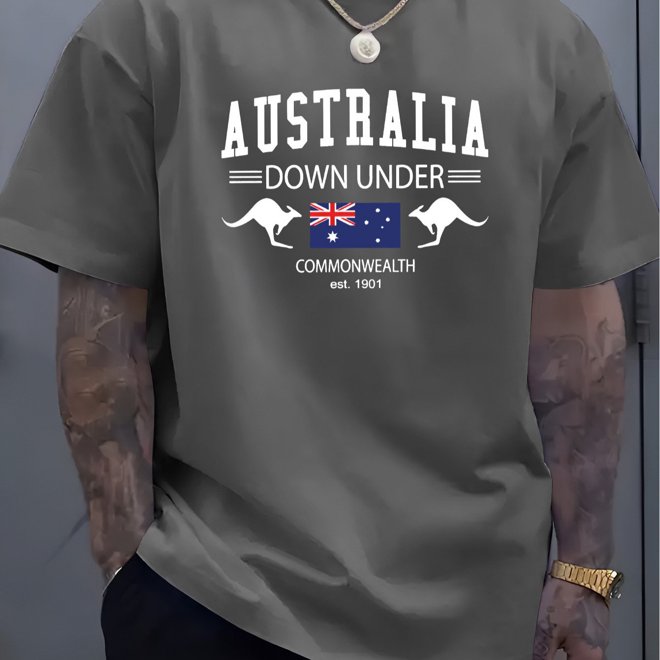 TEMU Men's Summer Fashion Casual Kangaroo Australia Flag Element Letter Print Crew Neck T-shirt | Stretch Fabric, Regular Fit, Geometric Pattern