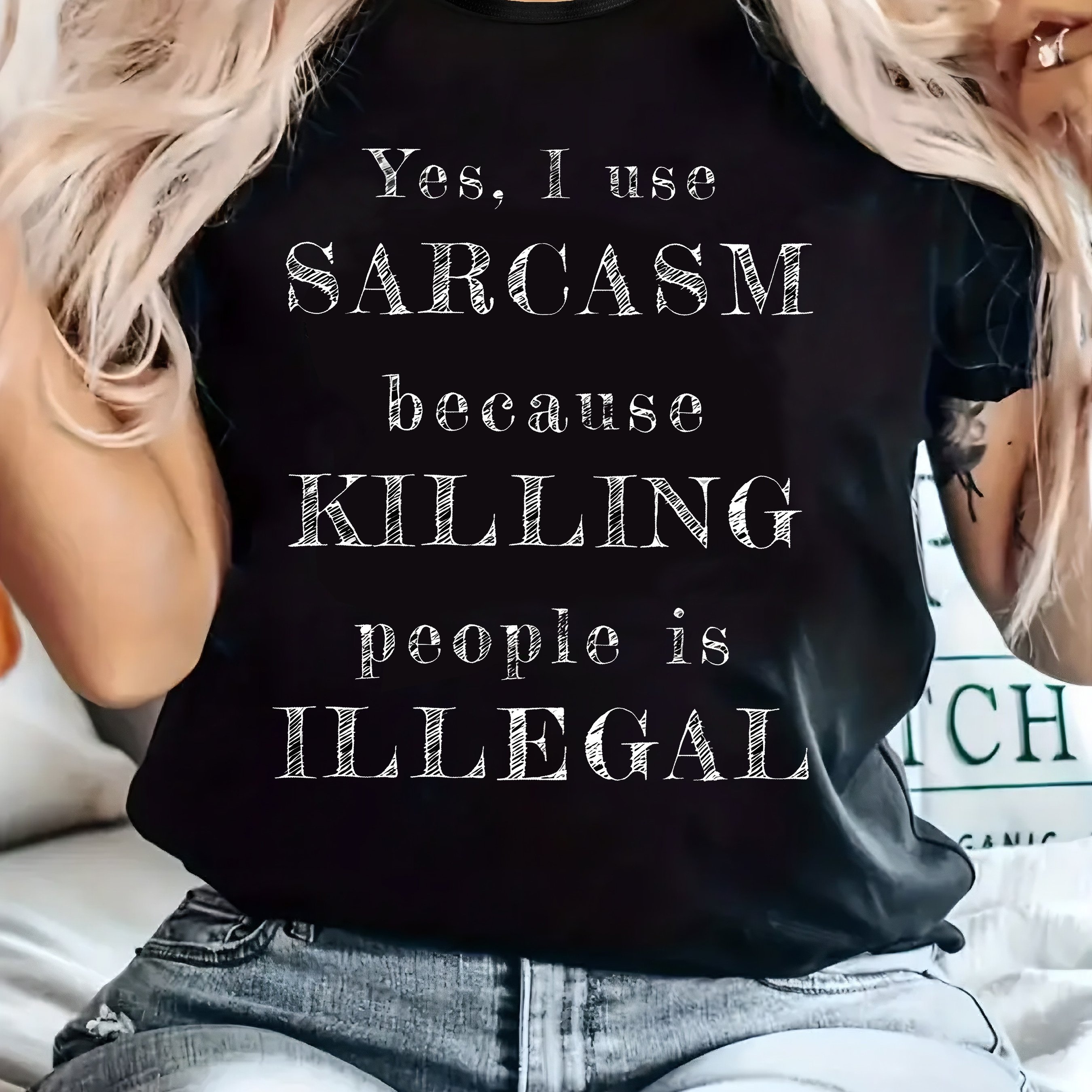 TEMU Women's Plus Size With Sarcastic "yes, Sarcasm Killing People Is Illegal" Print - Casual, Round Neck, Short Sleeve, Comfortable Knit Top For ,