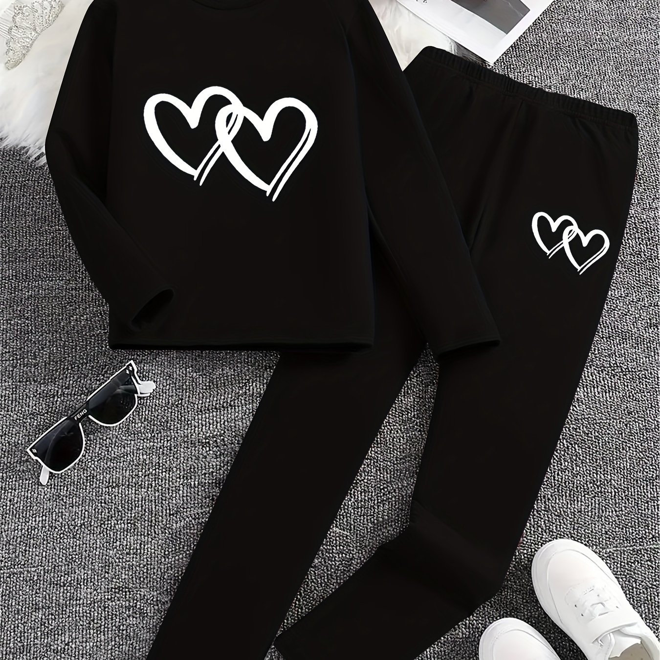 Image of Girls' Spring/autumn Set: Heart Print Solid Color Round Neck Long Sleeve T-shirt And Solid Color Pants Two-piece Casual Fashion Toddler Set, Perfect For Outdoor