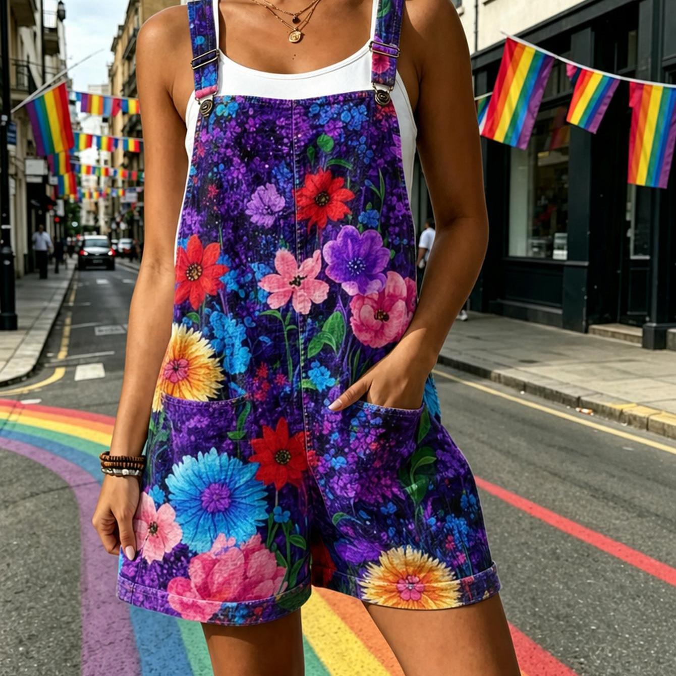 TEMU Plus Size, Plus Size Women Full Floral Print Short Overalls, Vibrant Color Culotte Jumpsuit With Padded Belt. Trendy Streetwear For Spring,