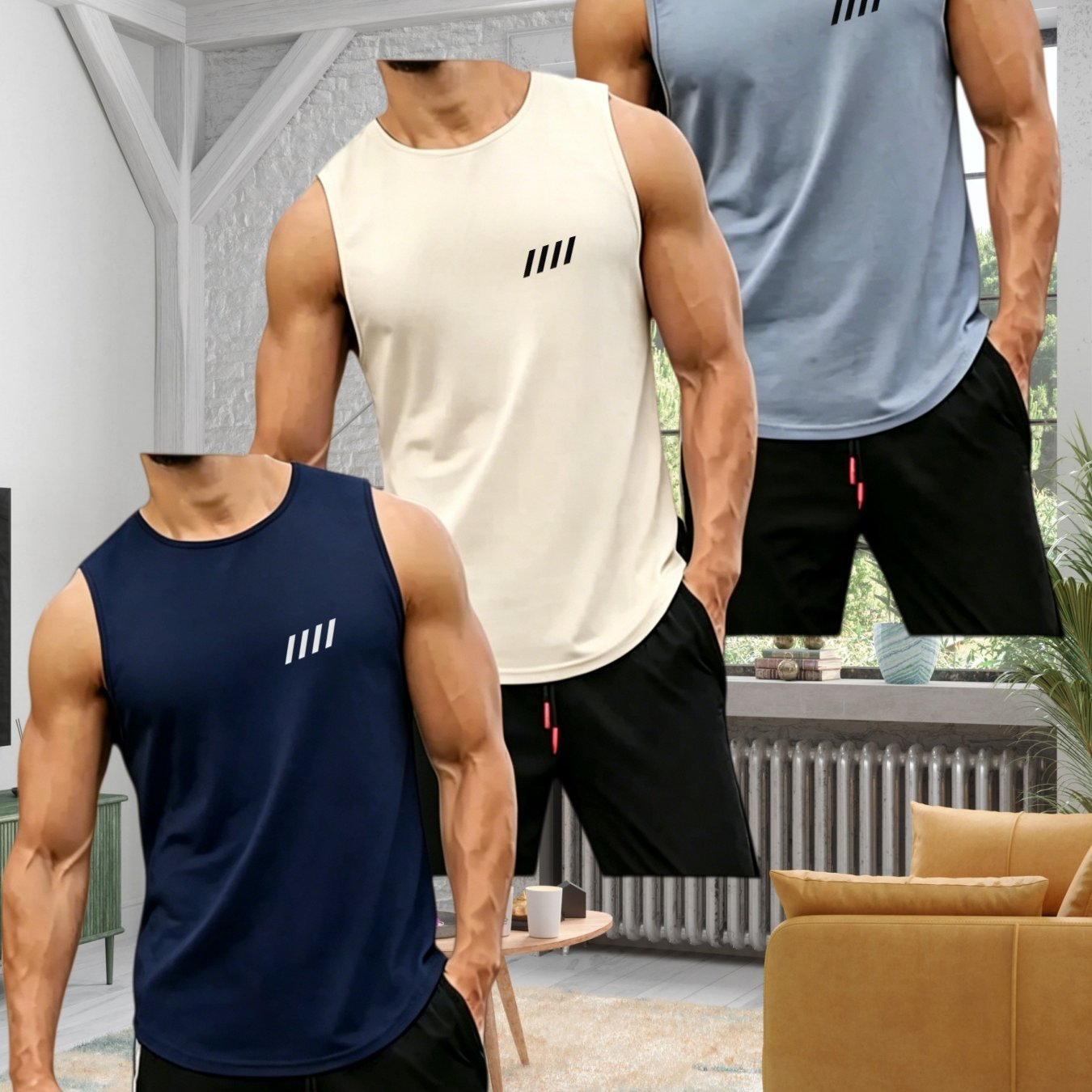 TEMU 3pcs Men's New Summer Classic Minimalist Diagonal Stripe Print Tank Tops, Sleeveless Breathable Versatile Casual Tops For Home And Fitness
