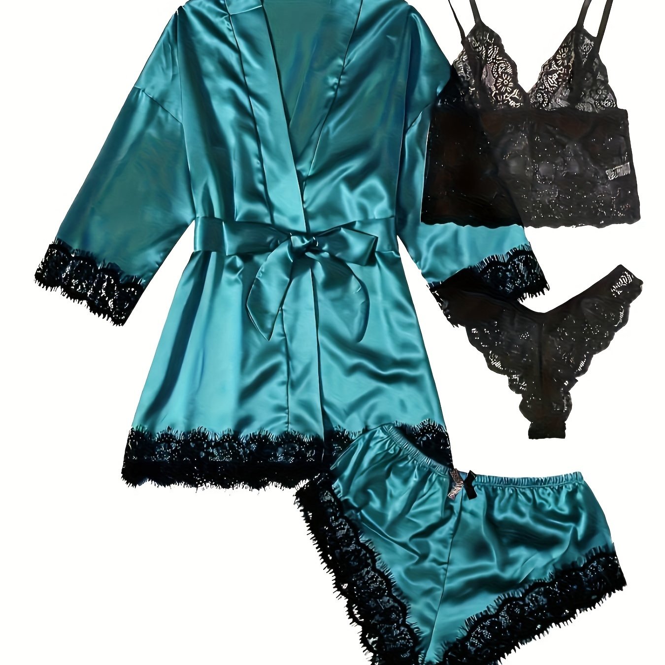 Lace Camisole Nightgown 4pcs Set, Sexy Satin