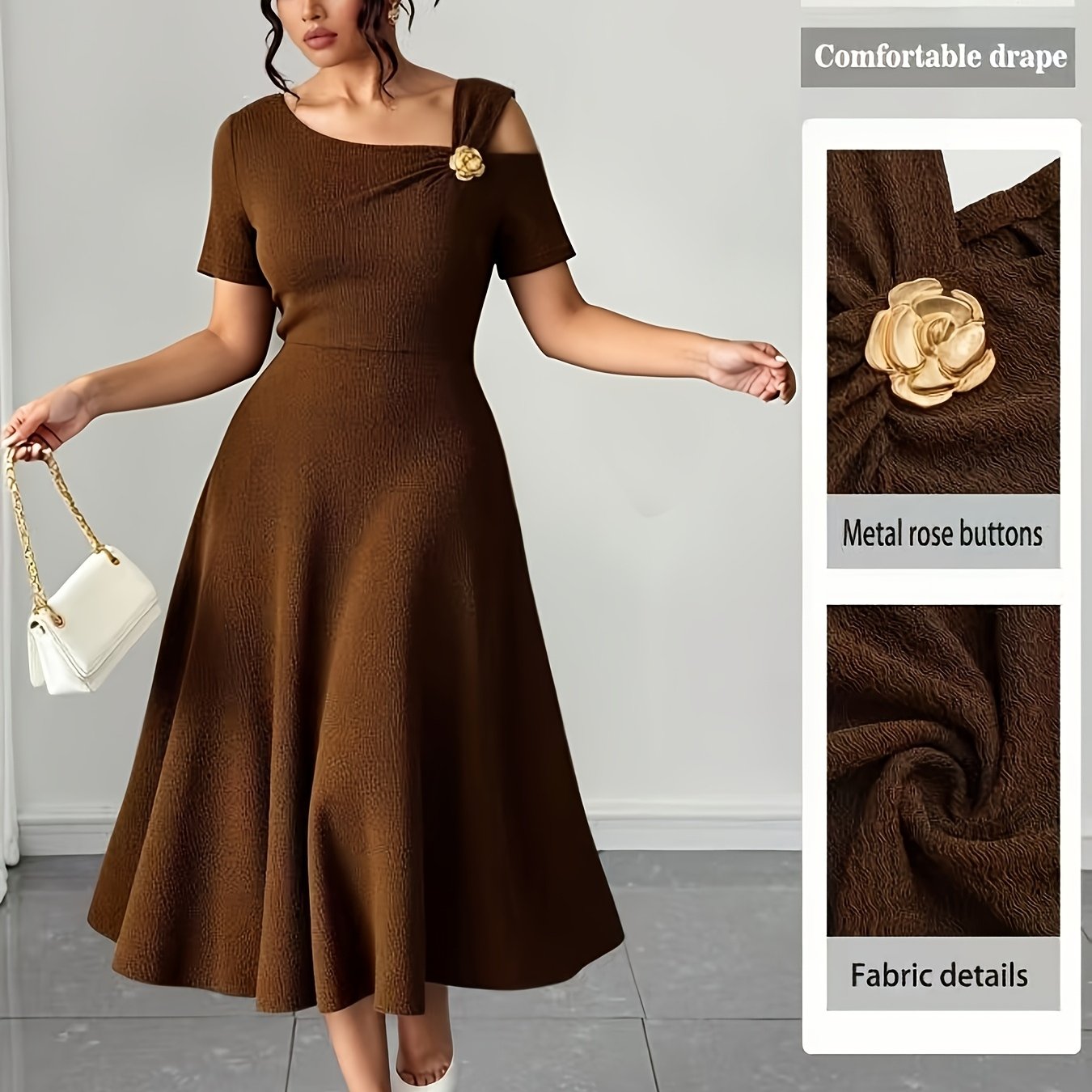 TEMU Plus Size - Western Plus Size Temperament Off-shoulder Short Sleeve Dress, Rose Button Elegant Party Casual Commute A-line Skirt