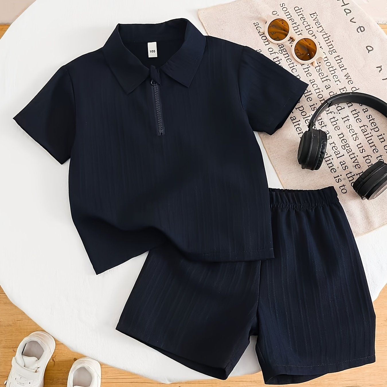 Summer New Set Zipper Style Shirt Short Sleeve Easy Solid Short Shorts Casual Cool Comfortable Daily Outdoor Versatile Short Shorts 2pcs Set, For Outdoor, Boys And Girls Clothes