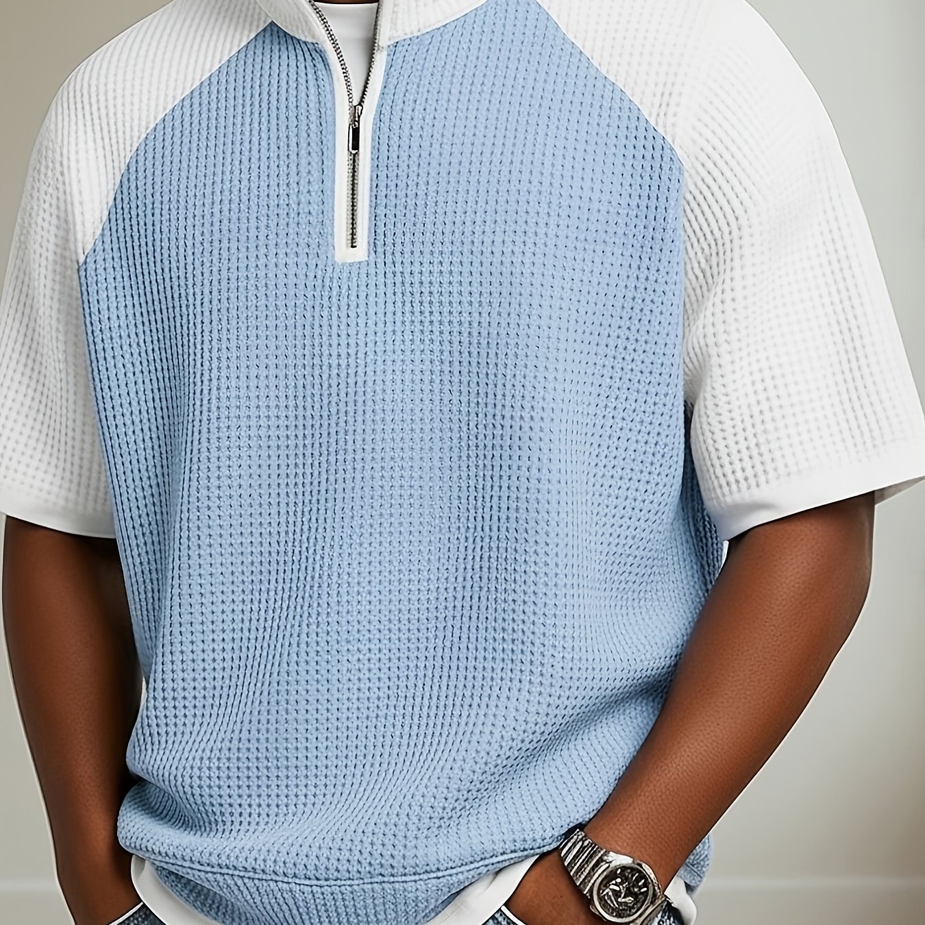 Image of Men's New Summer Waffle Knit Shirt, Casual Loose Fit Breathable Short Sleeve Zipper Half-open Color Block Top With Raglan Sleeves, 2-in-1 Look T-shirt