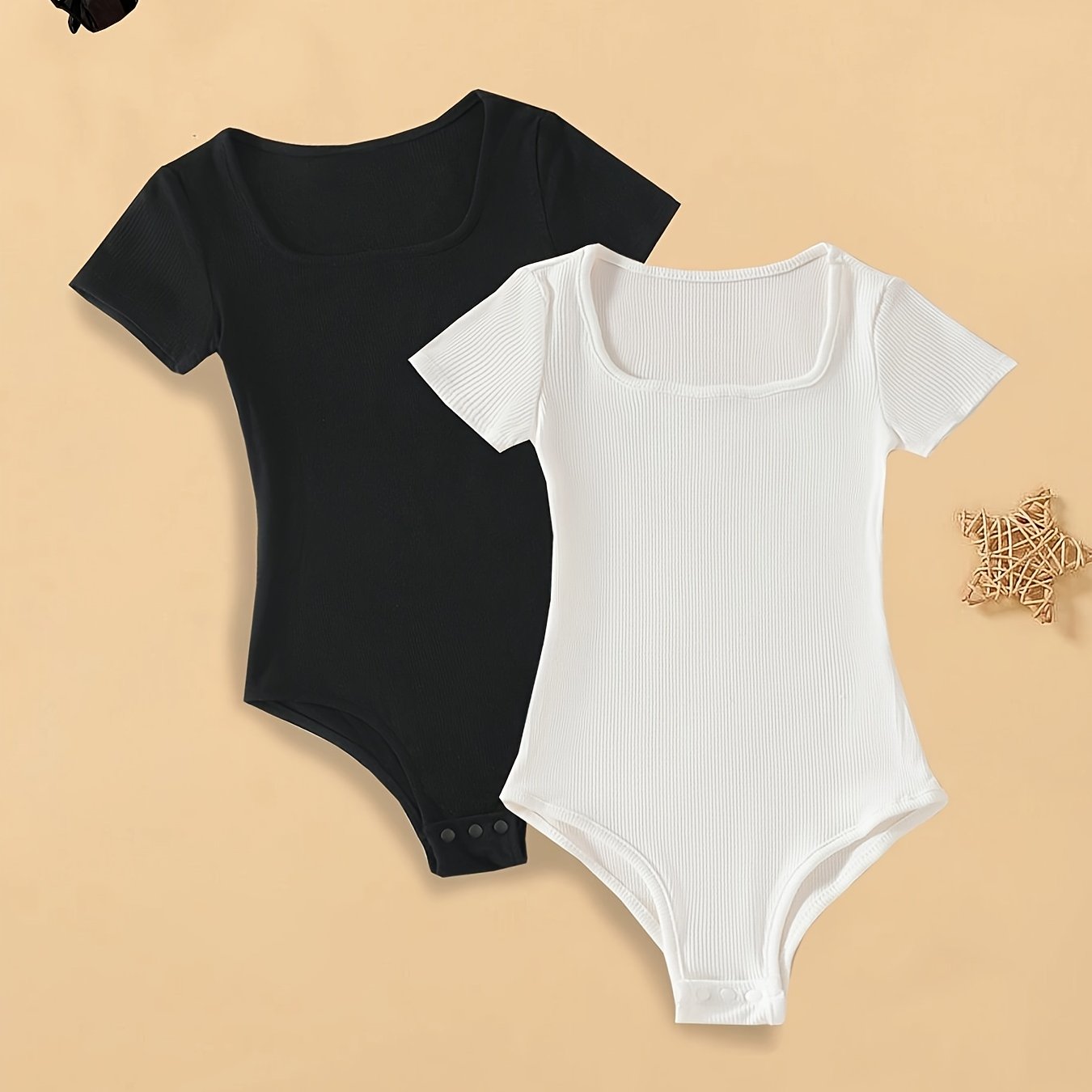 Image of Teen Girl's 2pcs Solid Color Ribbed Knit Bodysuit, Perfect For Outdoor