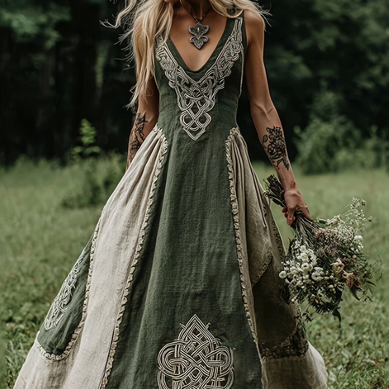 E-shop Damen-Modekleid im Vintage-Ethno-Wikinger-Stil mit geometrischem Druck, zerrissenem Saum, gerafftem V-Ausschnitt ärmellosem Design